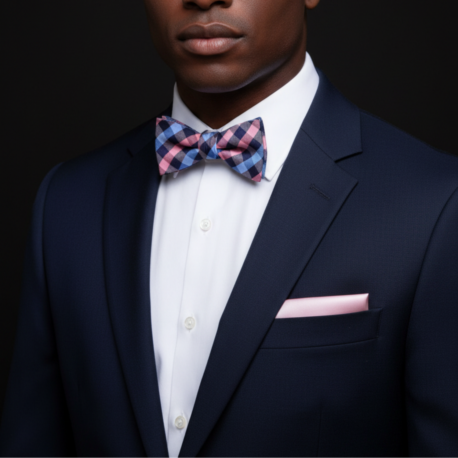 Man wearing a navy suit with a white shirt, pink and blue checkered bow tie, and pink pocket square on a black background.