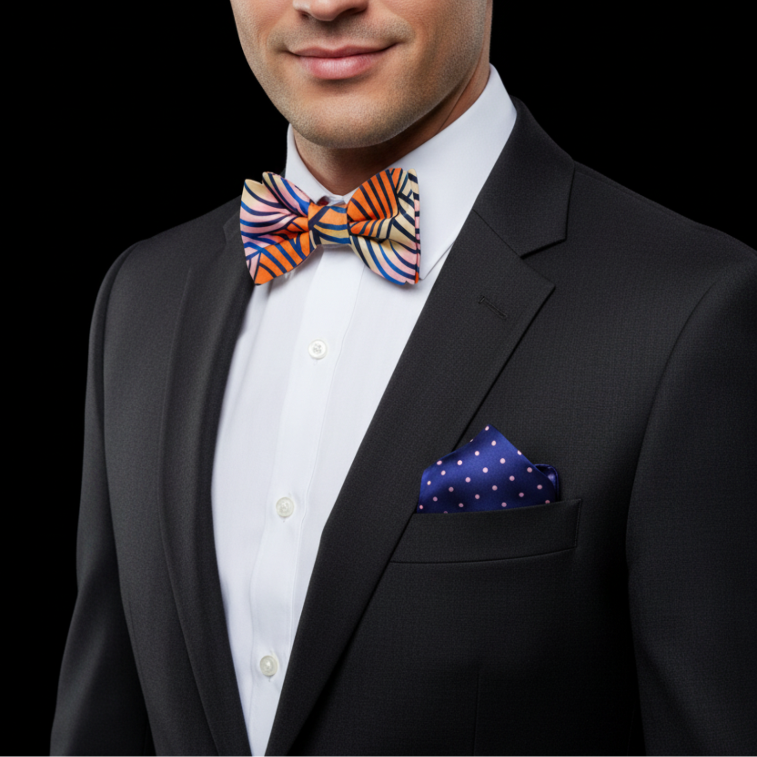 Man wearing blue pink orange abstract bow tie and accenting square