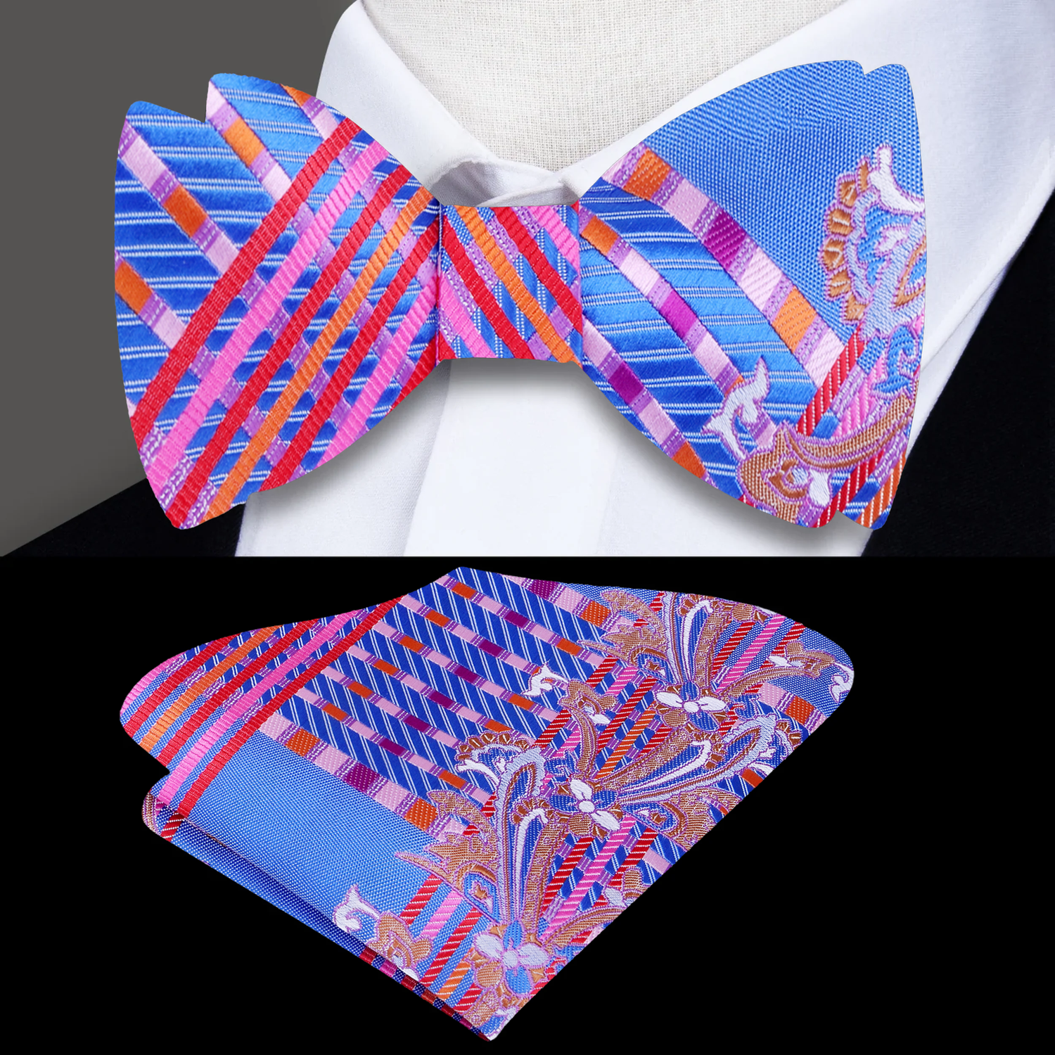 A Blue, Pink Abstract Intricate Floral and Paisley Pattern Self Tie Bow Tie, Matching Pocket Square