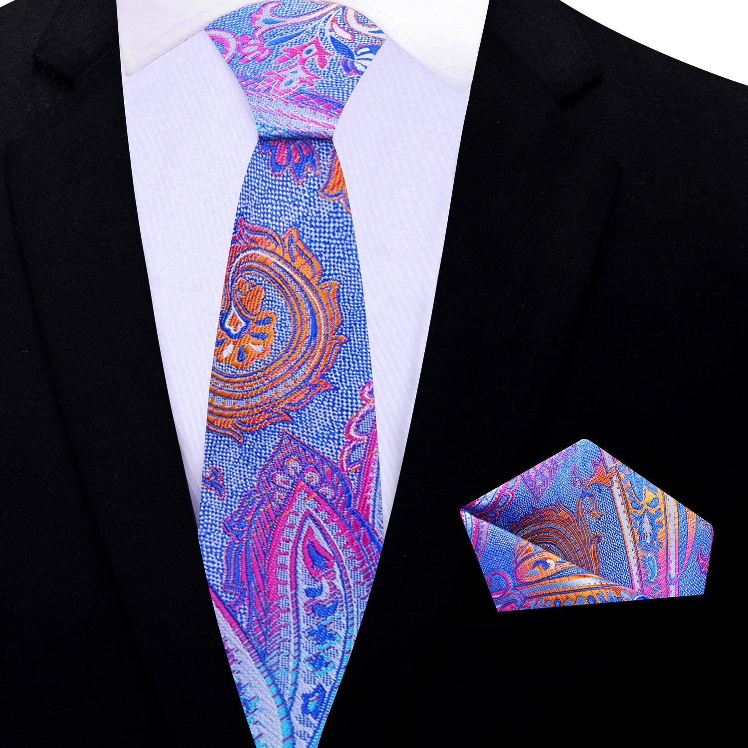 Thin Main View: Blue, Pink Orange Paisley Silk Tie and  Pocket Square