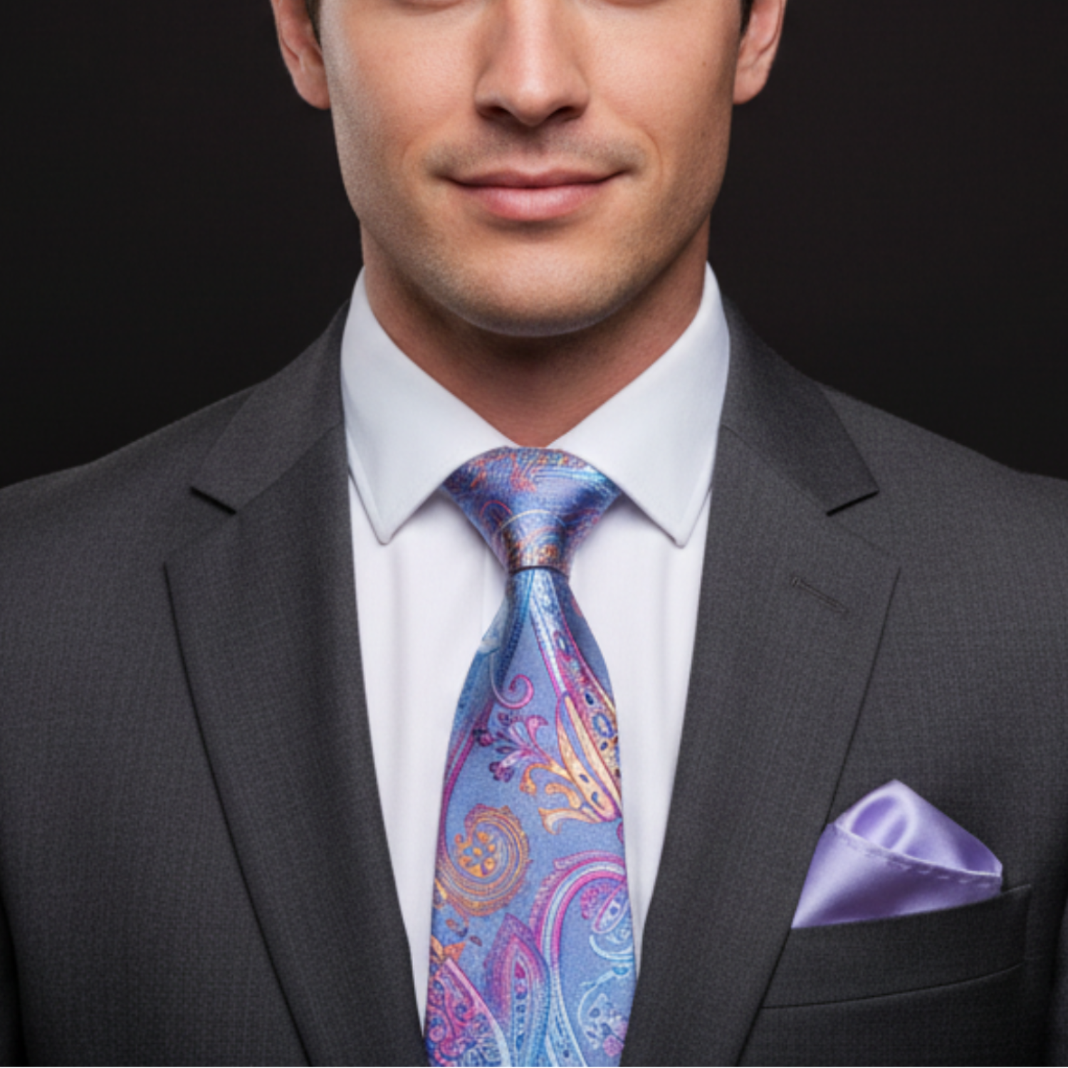 Man wearing a gray suit with a colorful paisley tie and matching pocket square on a black background