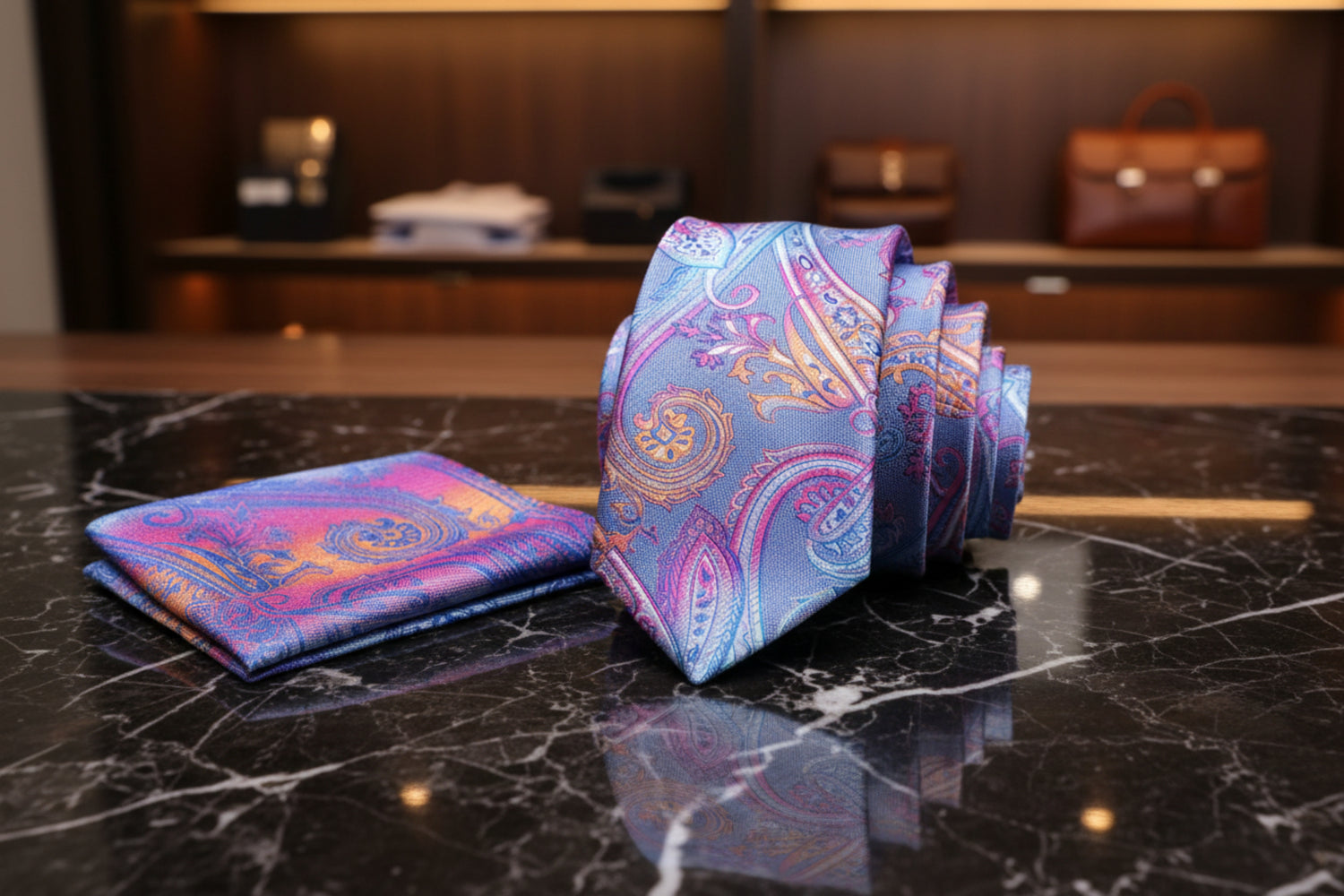 Alt Blue, Pink Orange Paisley Tie and Accenting Pocket Square