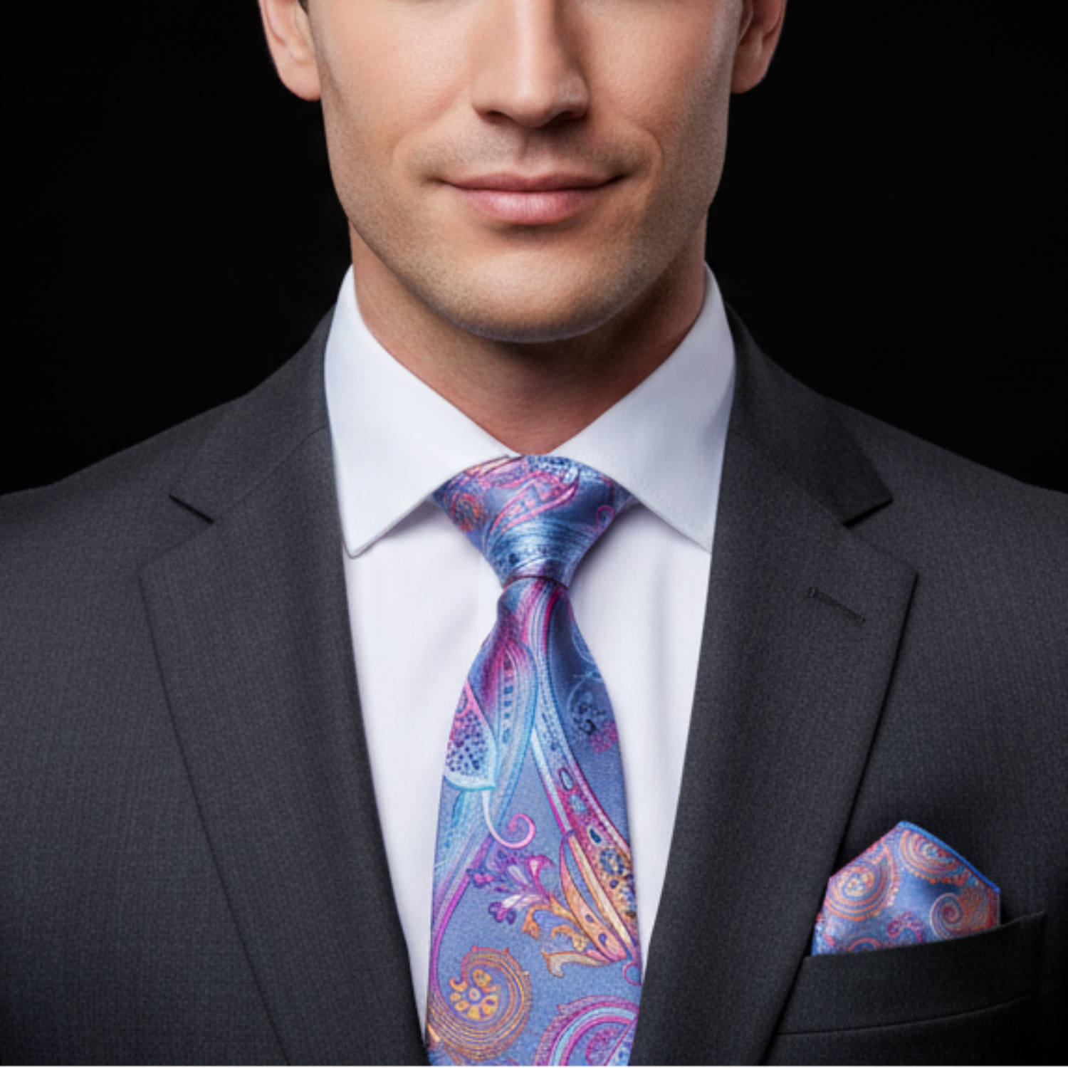 Man wearing a dark suit with a colorful paisley tie and pocket square on a black background