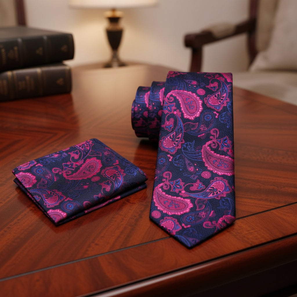 Alt View: A Dark Blue, Pink Paisley Pattern Necktie and Square
