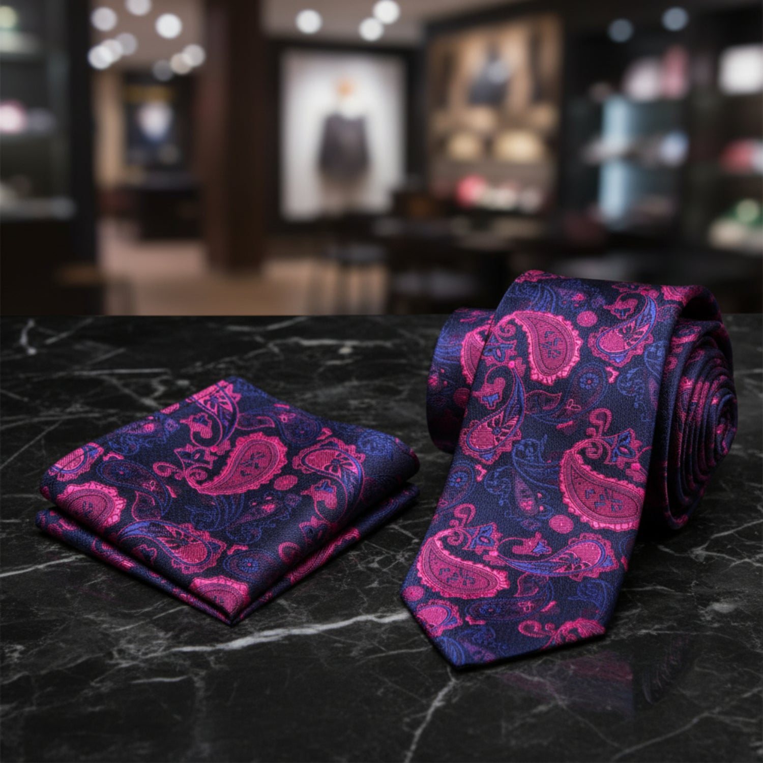 Navy blue and pink paisley tie and pocket square set 