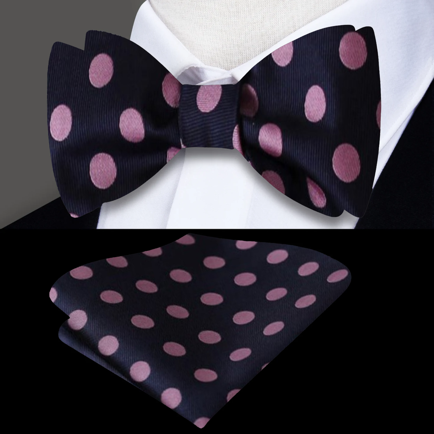 A Blue, Pink Polka Pattern Self Tie Bow Tie Bow Tie, Matching Pocket Square
