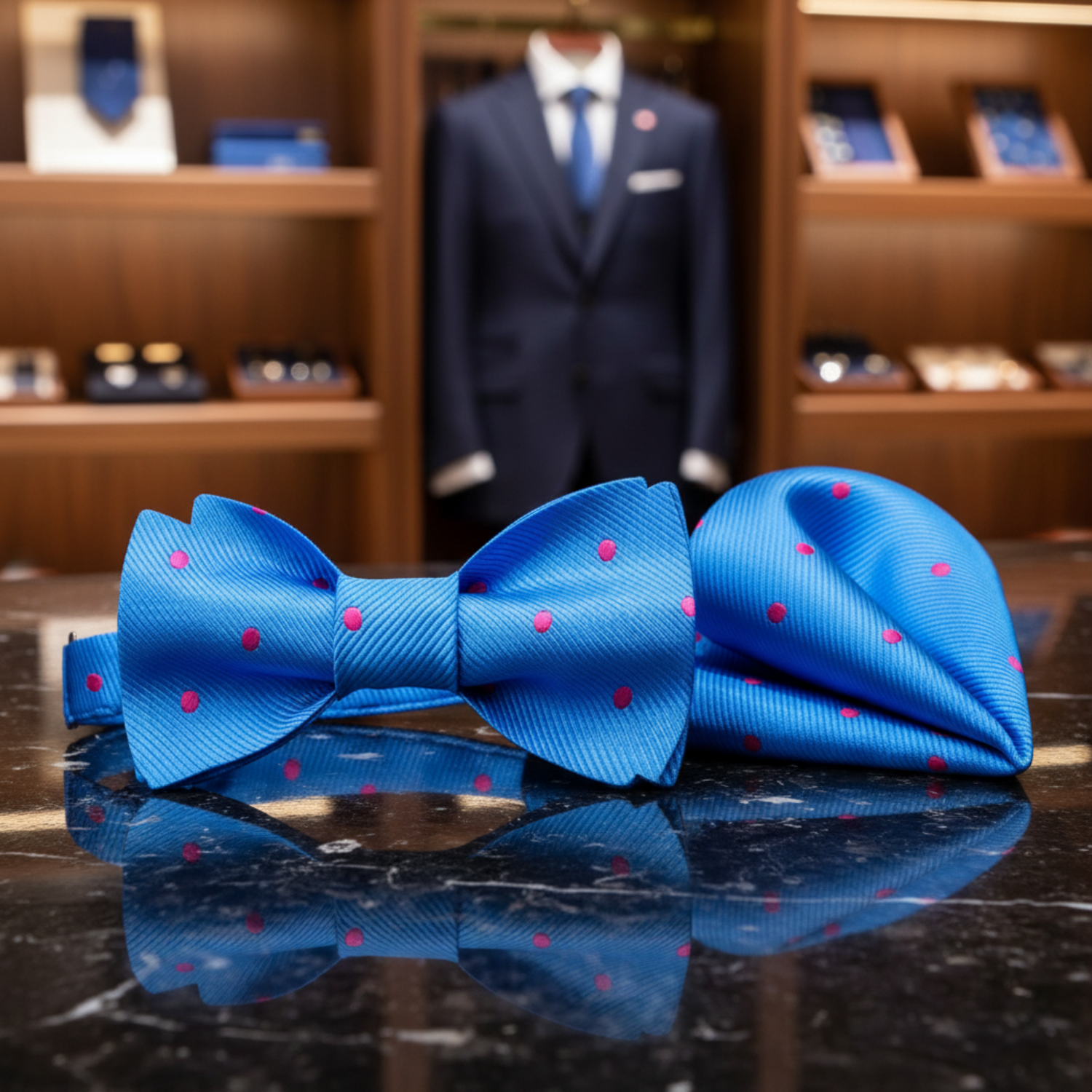 Light Blue, Pink Polka Bow Tie and Square