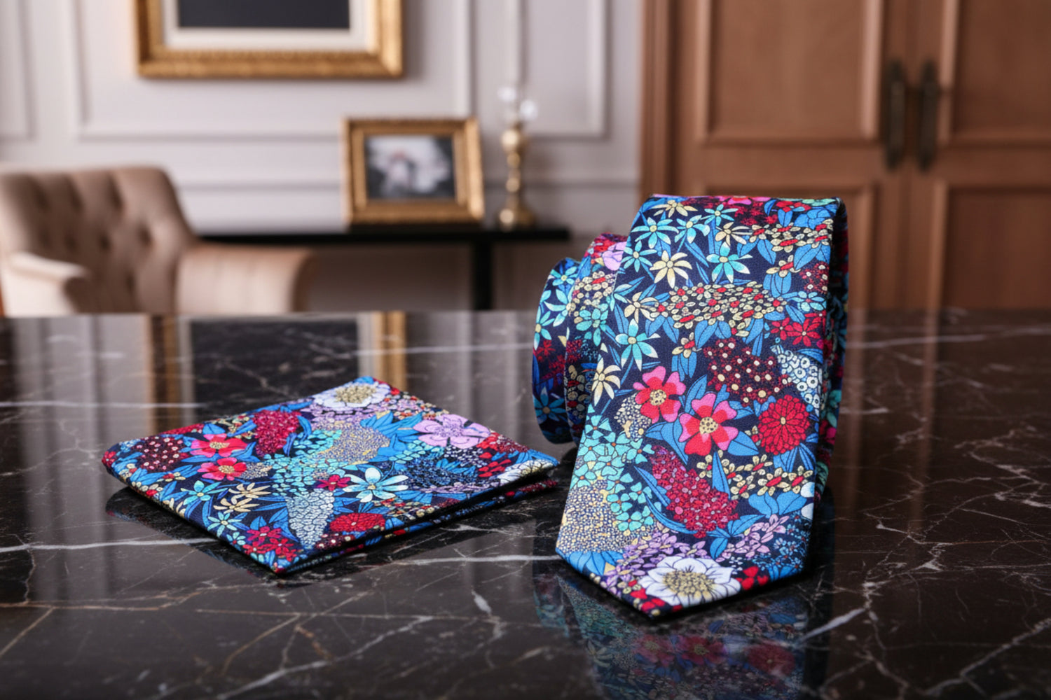 Alt Light Blue, Red Mixed Flowers Necktie and Square