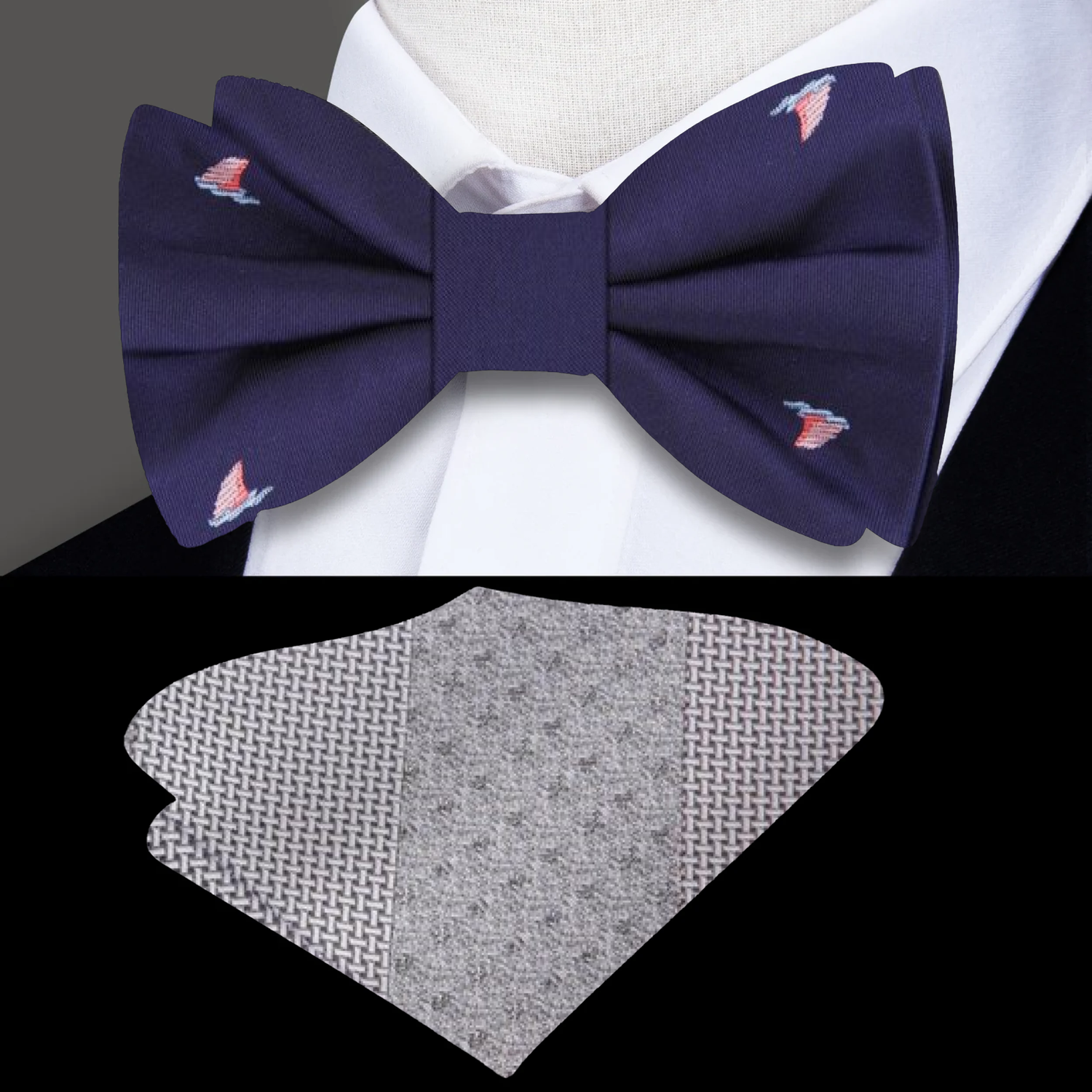 Dark blue with pink shark fins bow tie and accenting grey square
