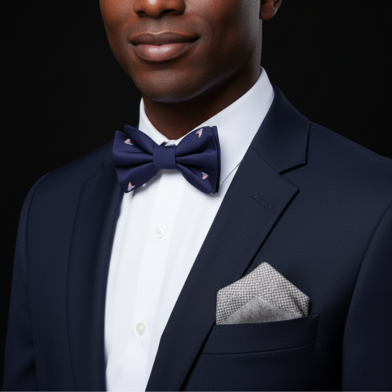Man wearing shark fins bow tie and accenting square on suit