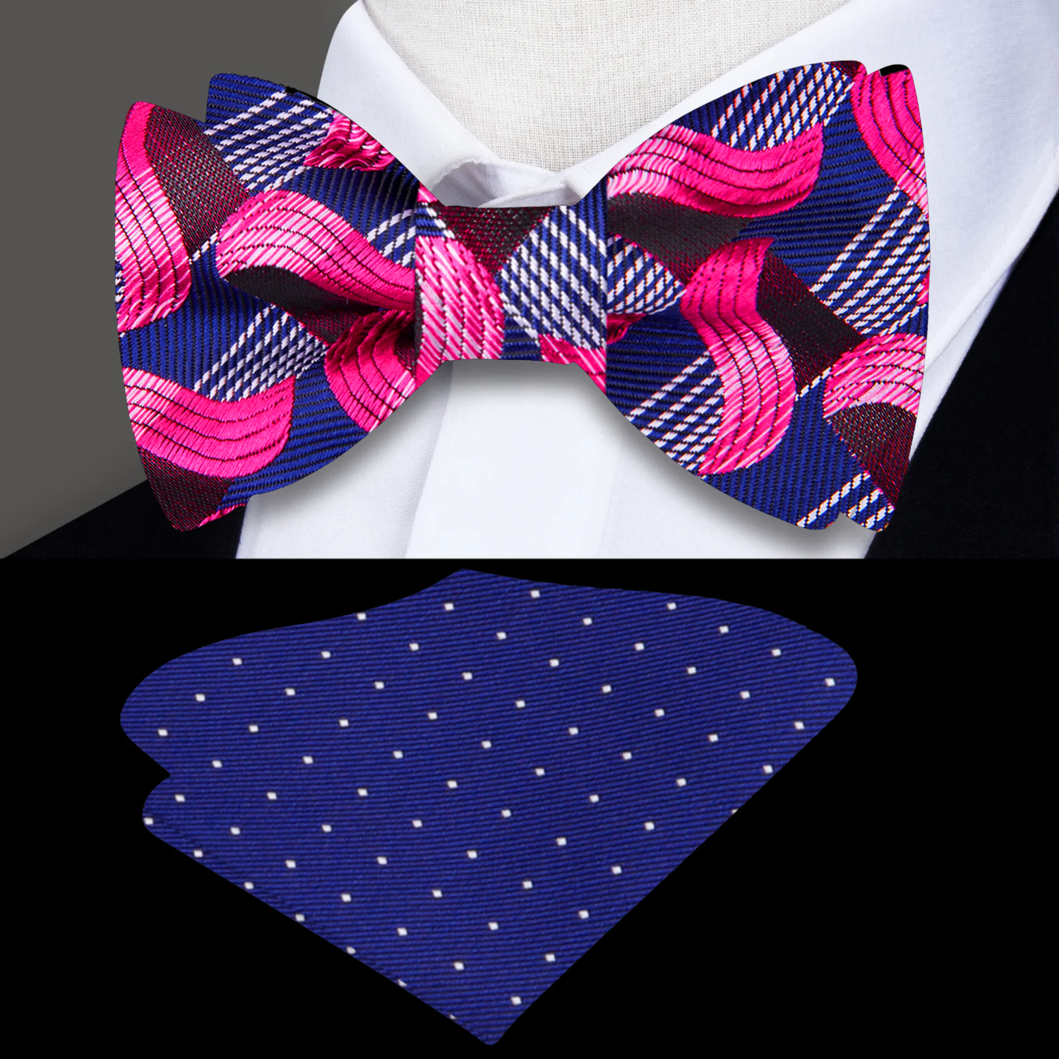 A Blue, Pink Abstract Waves Pattern Self Tie Bow Tie, Accenting Dot Pocket Square 
