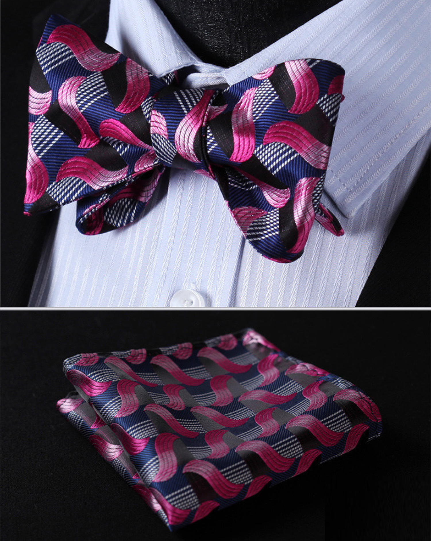 A Blue, Pink Abstract Waves Pattern Silk Self Tie Bow Tie, Matching Pocket Square Main View