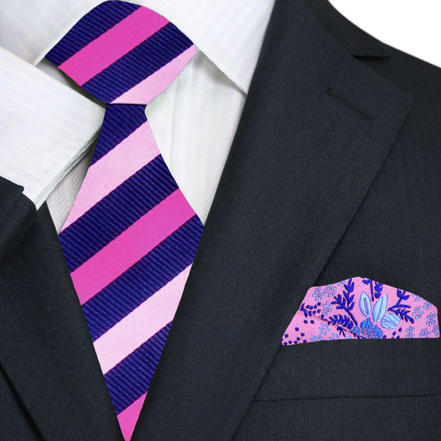 Black suit with a pink and blue striped tie and matching pocket square.
