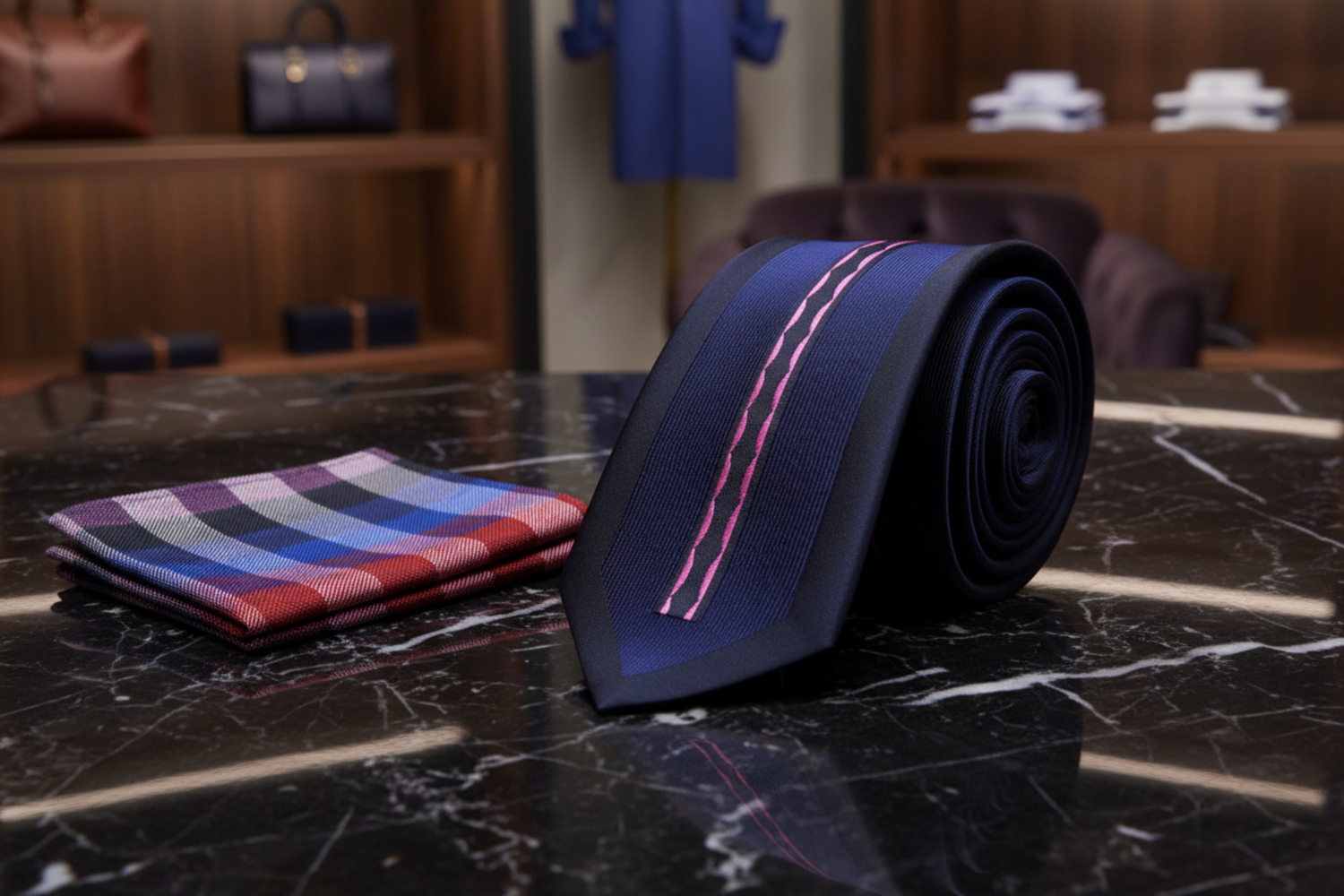View 2: Blue, Pink Wavy Lines Tie and Accenting Square