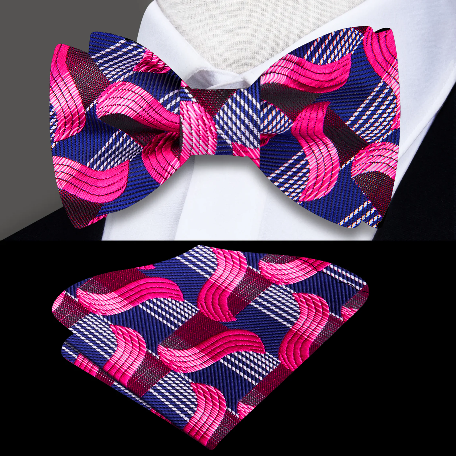 A Blue, Pink Abstract Waves Pattern Self Tie Bow Tie, Matching Pocket Square