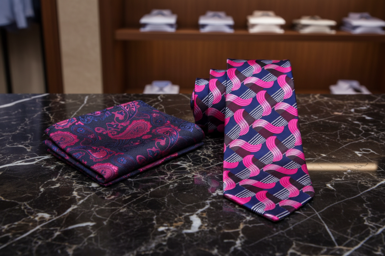 View 2: Pink, Blue abstract Waves Necktie and Accenting Square