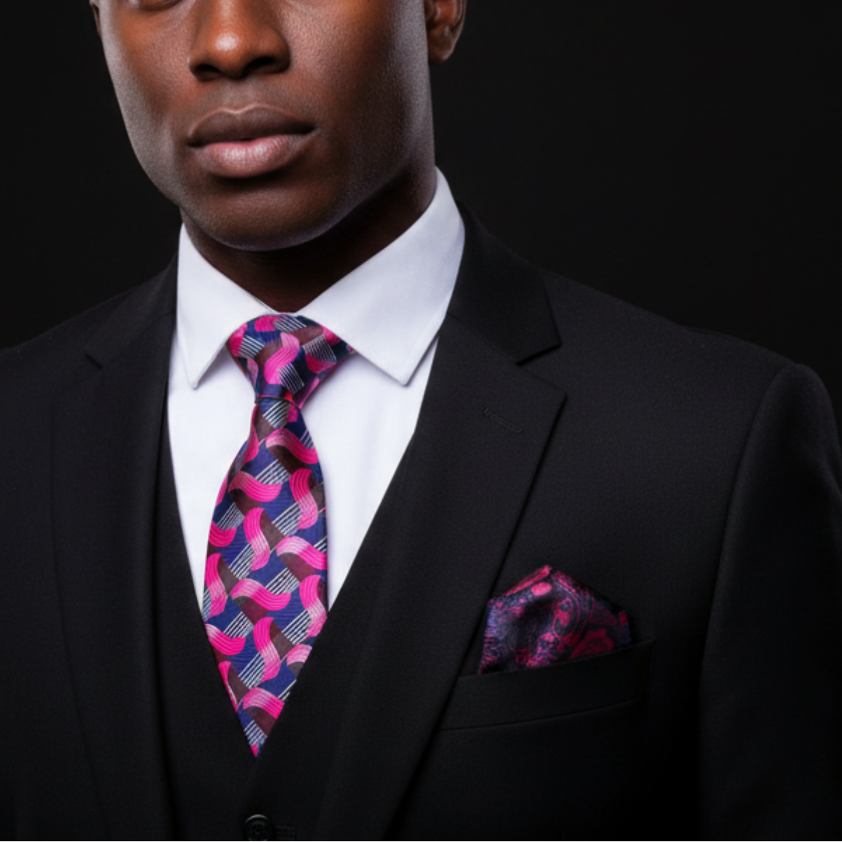 Man wearing a black suit with a colorful tie and pocket square on a black background