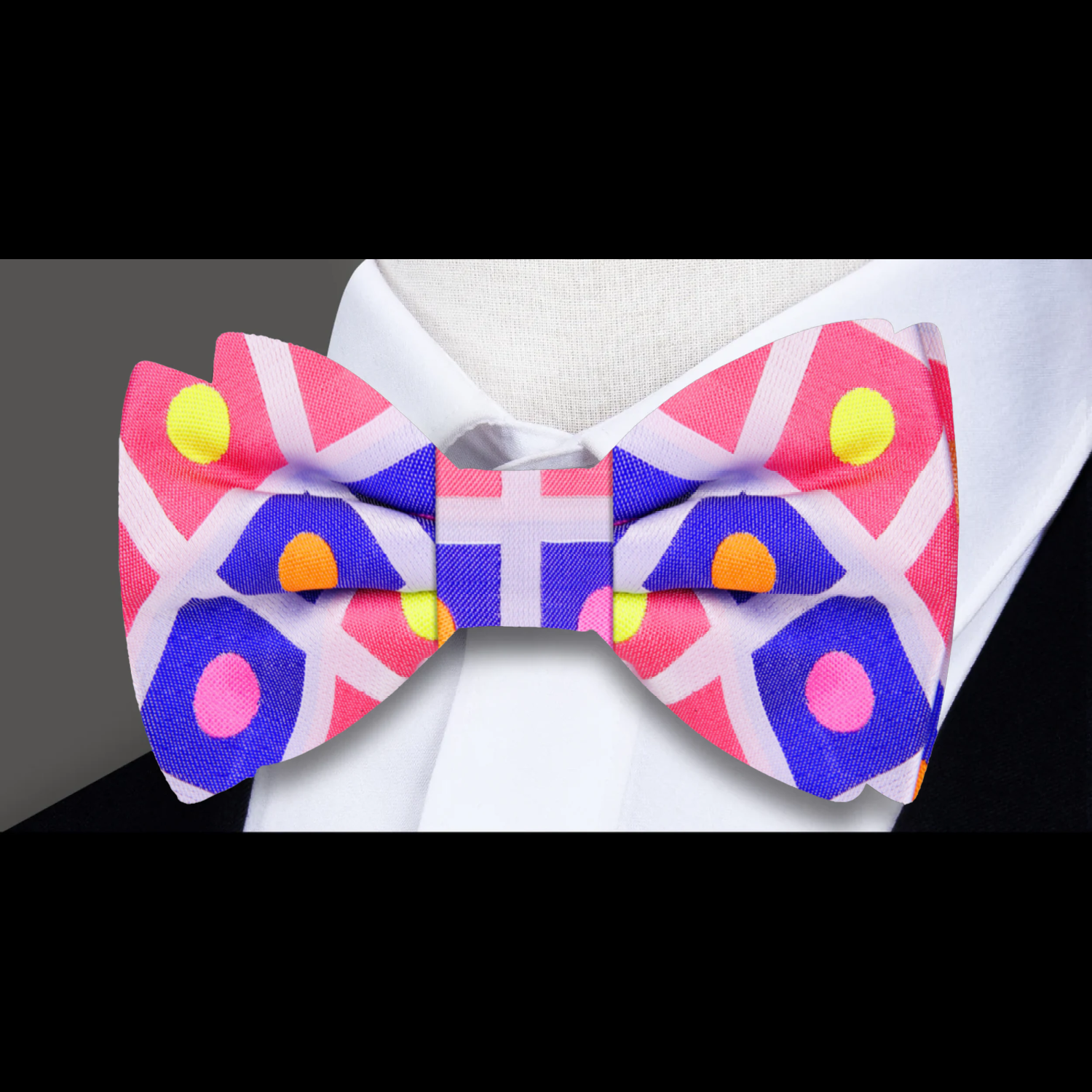 A Bright Pink, Purple, Yellow Geometric Silk Bow Tie 
