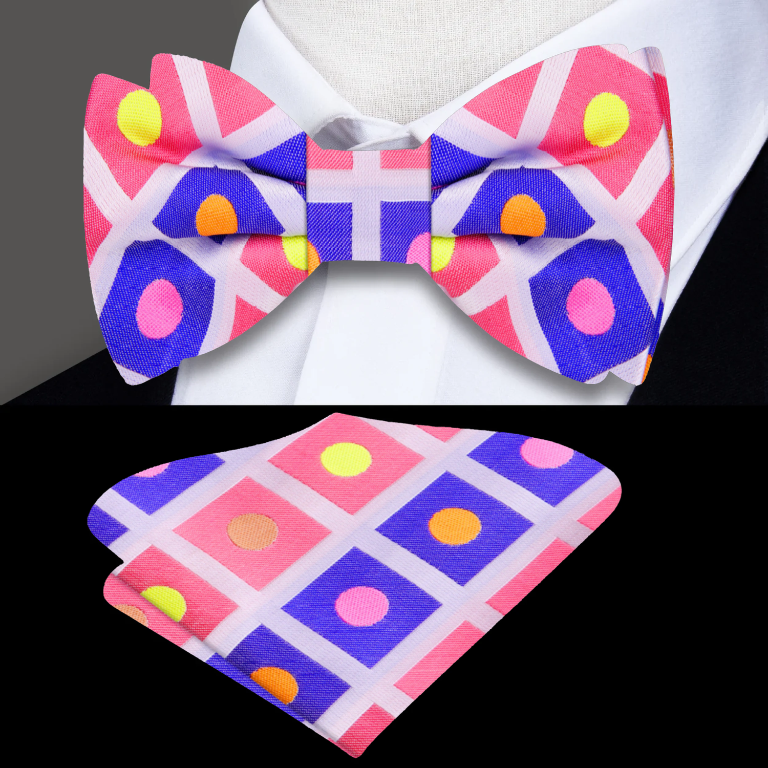 A Bright Pink, Purple, Yellow Geometric Bow Tie, Pocket Square