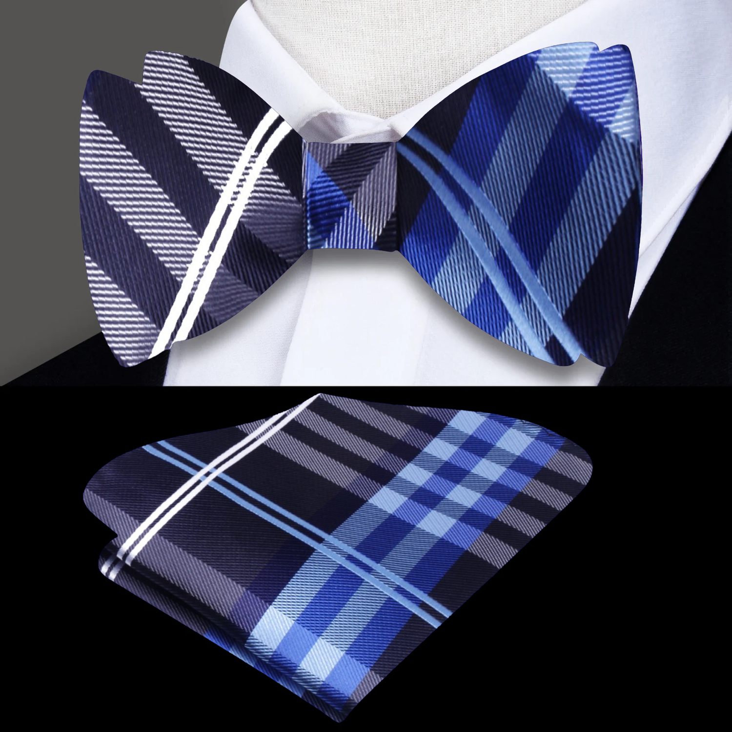 Black, Blue, White Plaid Bow Tie and Pocket Square