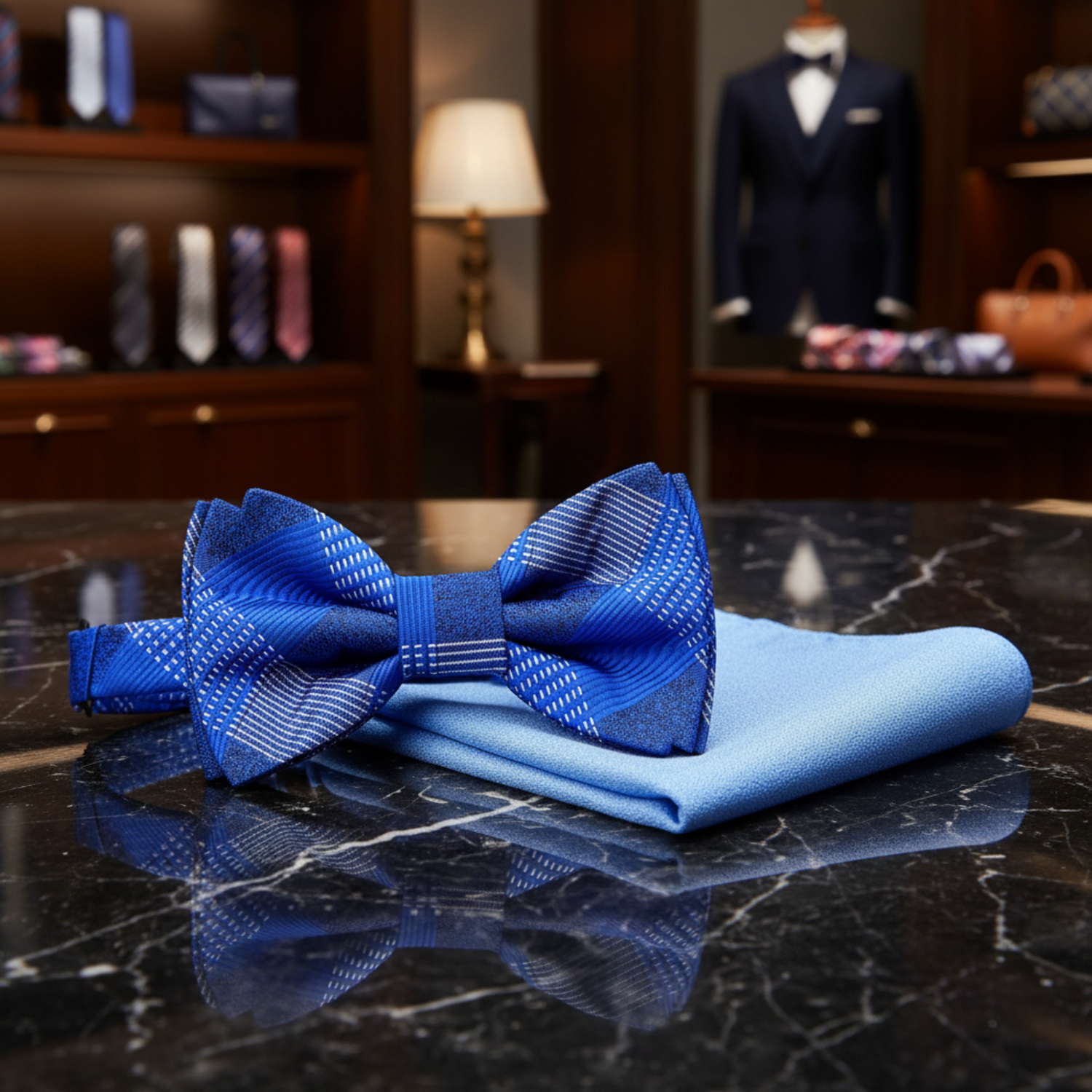 Blue patterned plaid bow tie and matching pocket square on a white shirt.