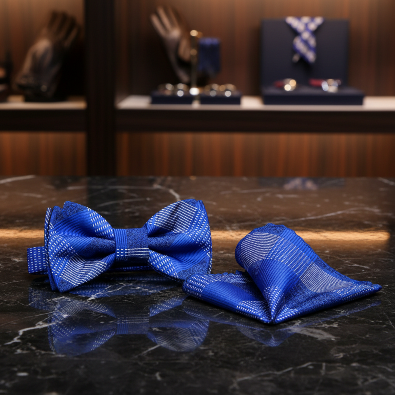 Blue plaid bow tie and pocket square set on a white background