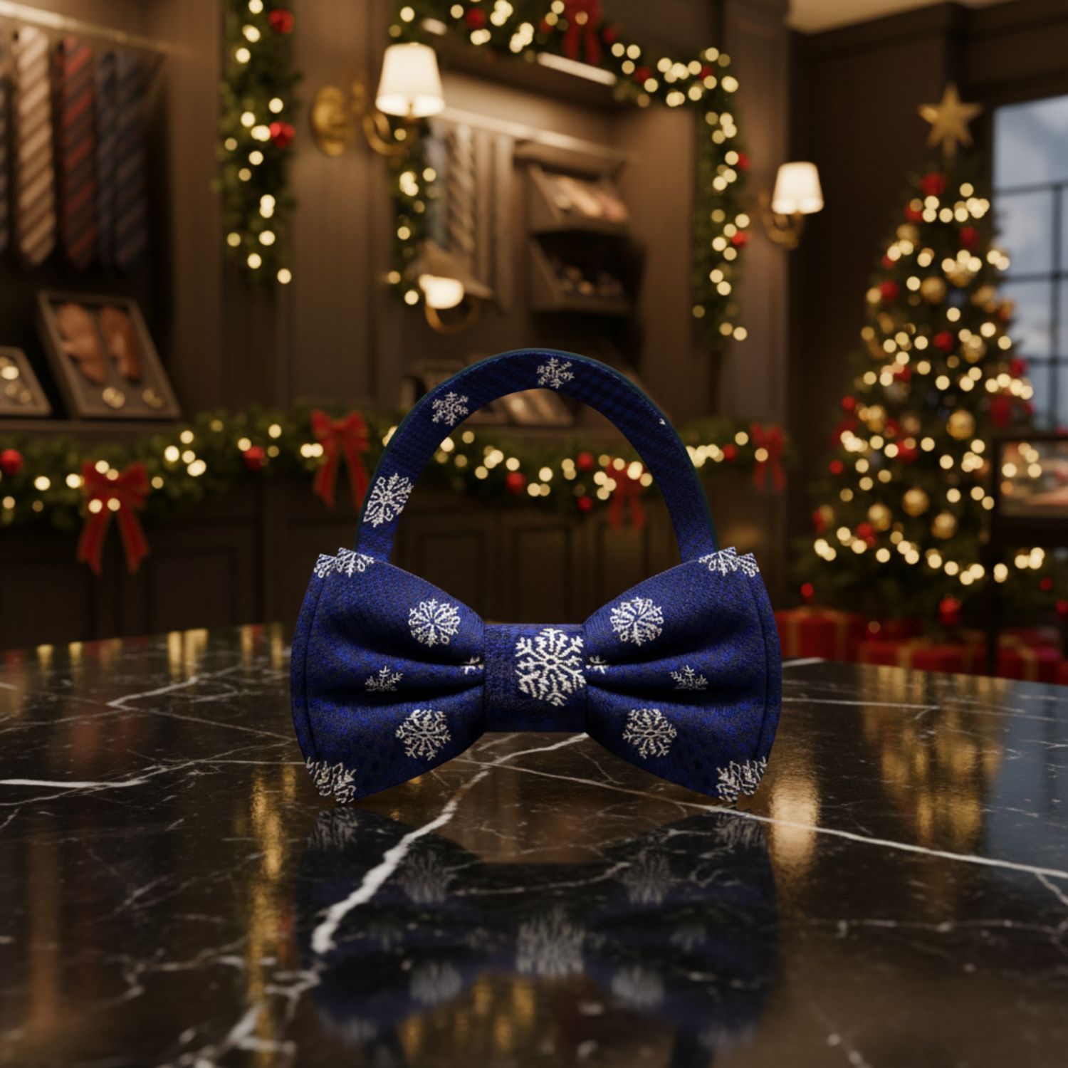 Blue Plaid with White Snowflake Bow Tie Pre Tied