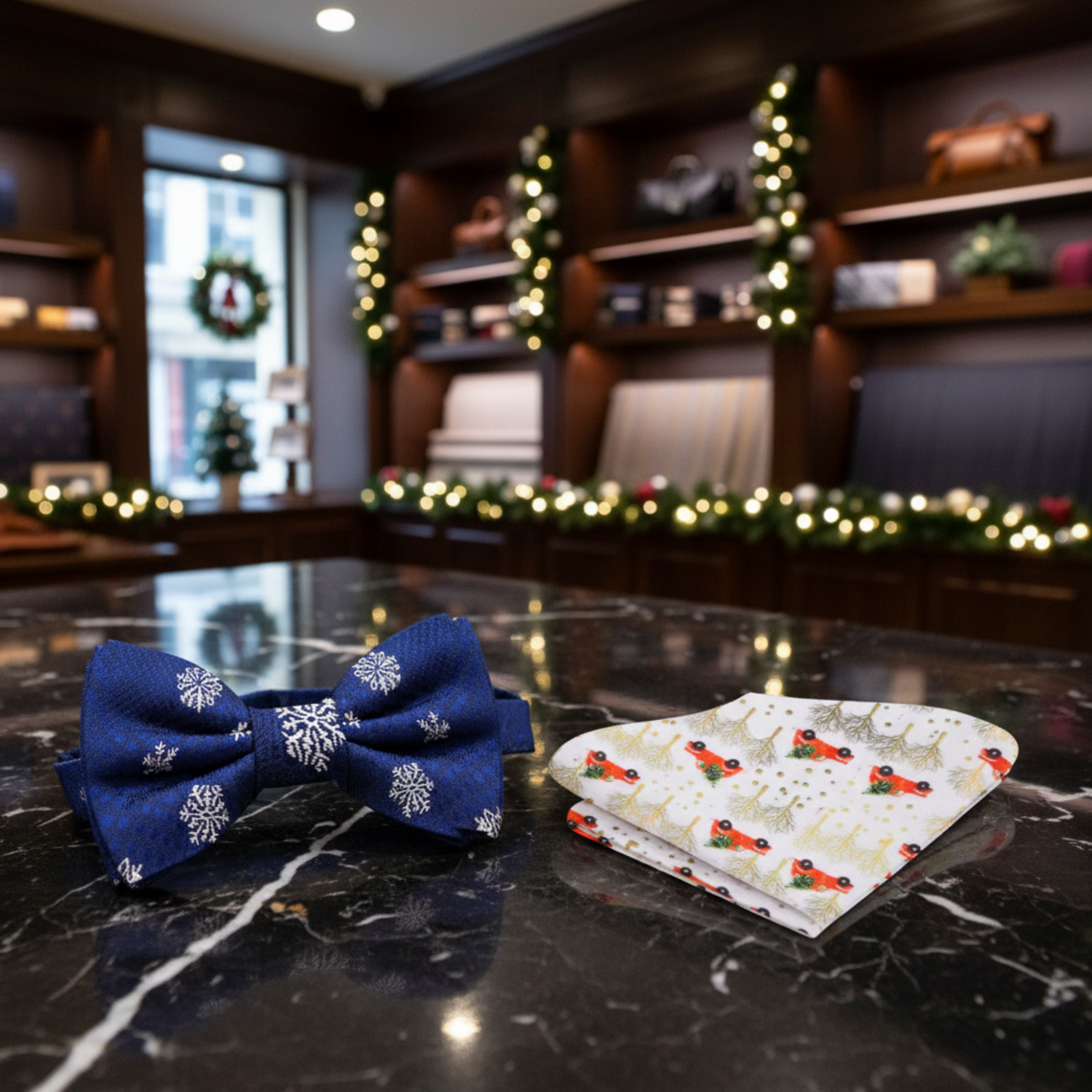 Blue Plaid with White Snowflake Bow Tie and Accenting Square