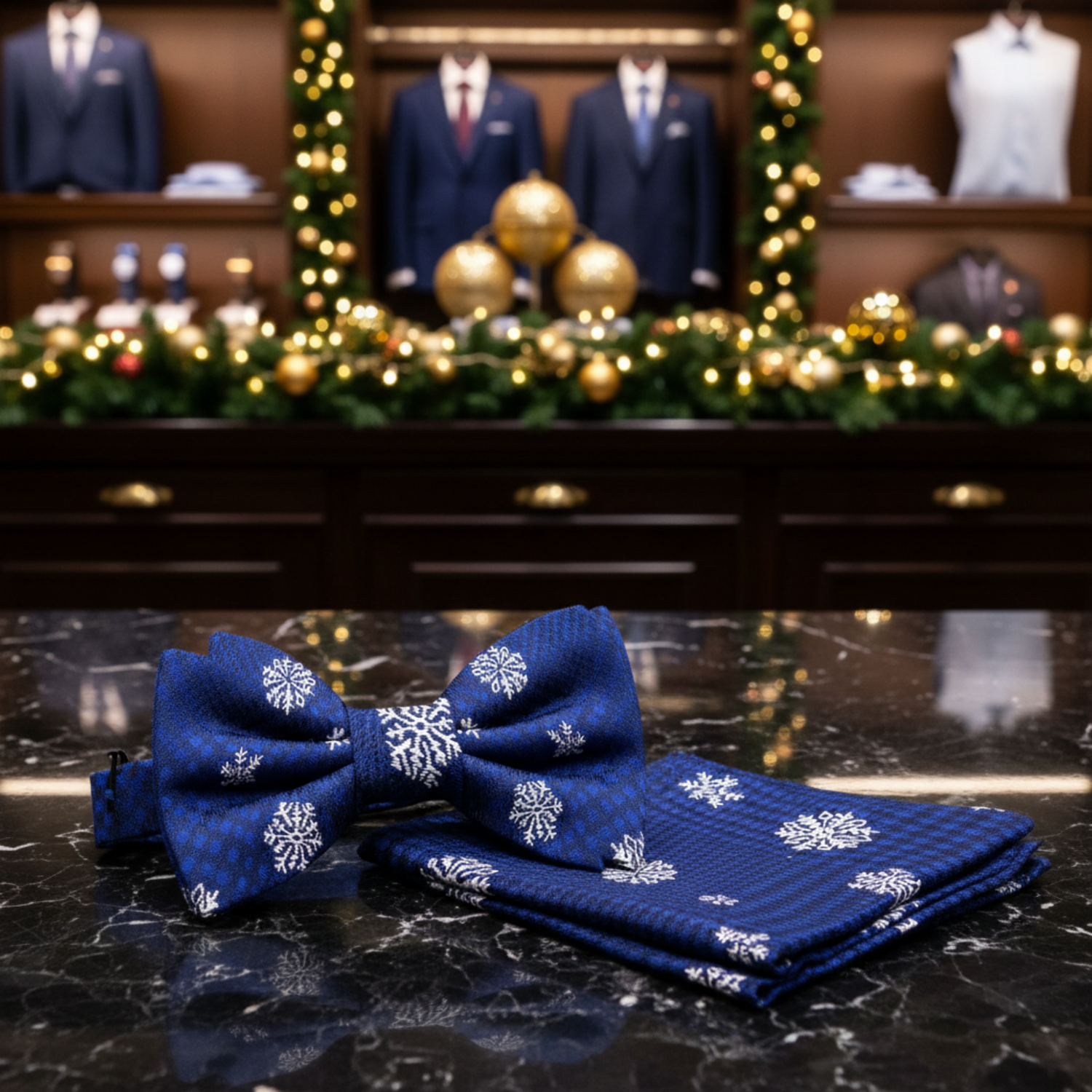 Blue Plaid with White Snowflake Bow Tie and Square
