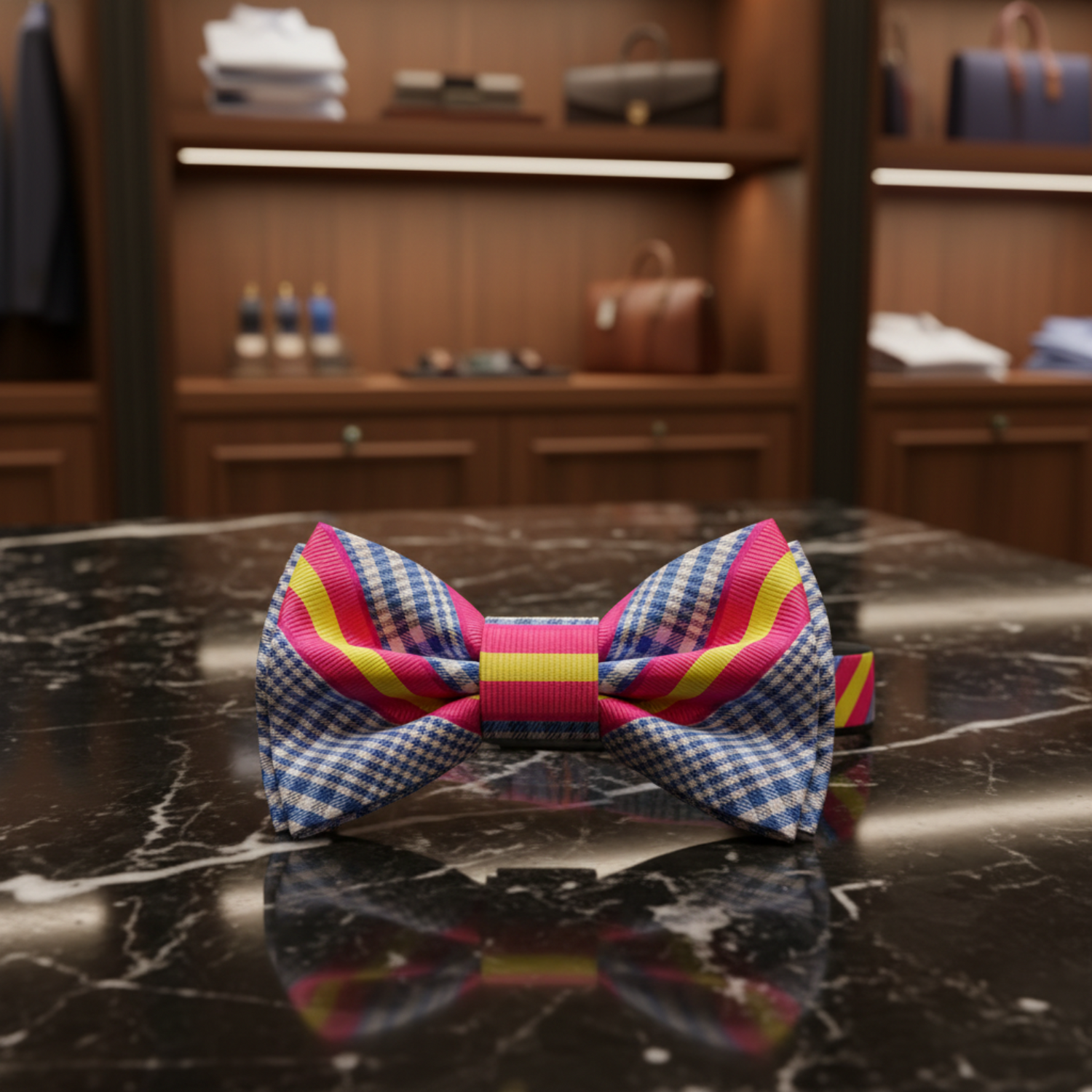 Blue Plaid Pink Yellow Stripe Bow Tie Pre Tied
