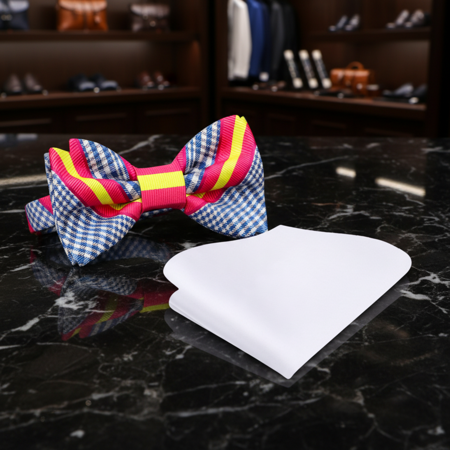 Blue Plaid Pink Yellow Stripe Bow Tie and White Square