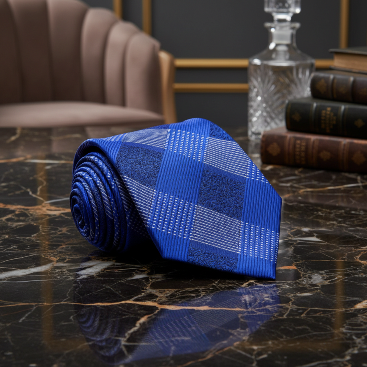 Rolled blue checkered tie on a dark marble surface with a blurred background