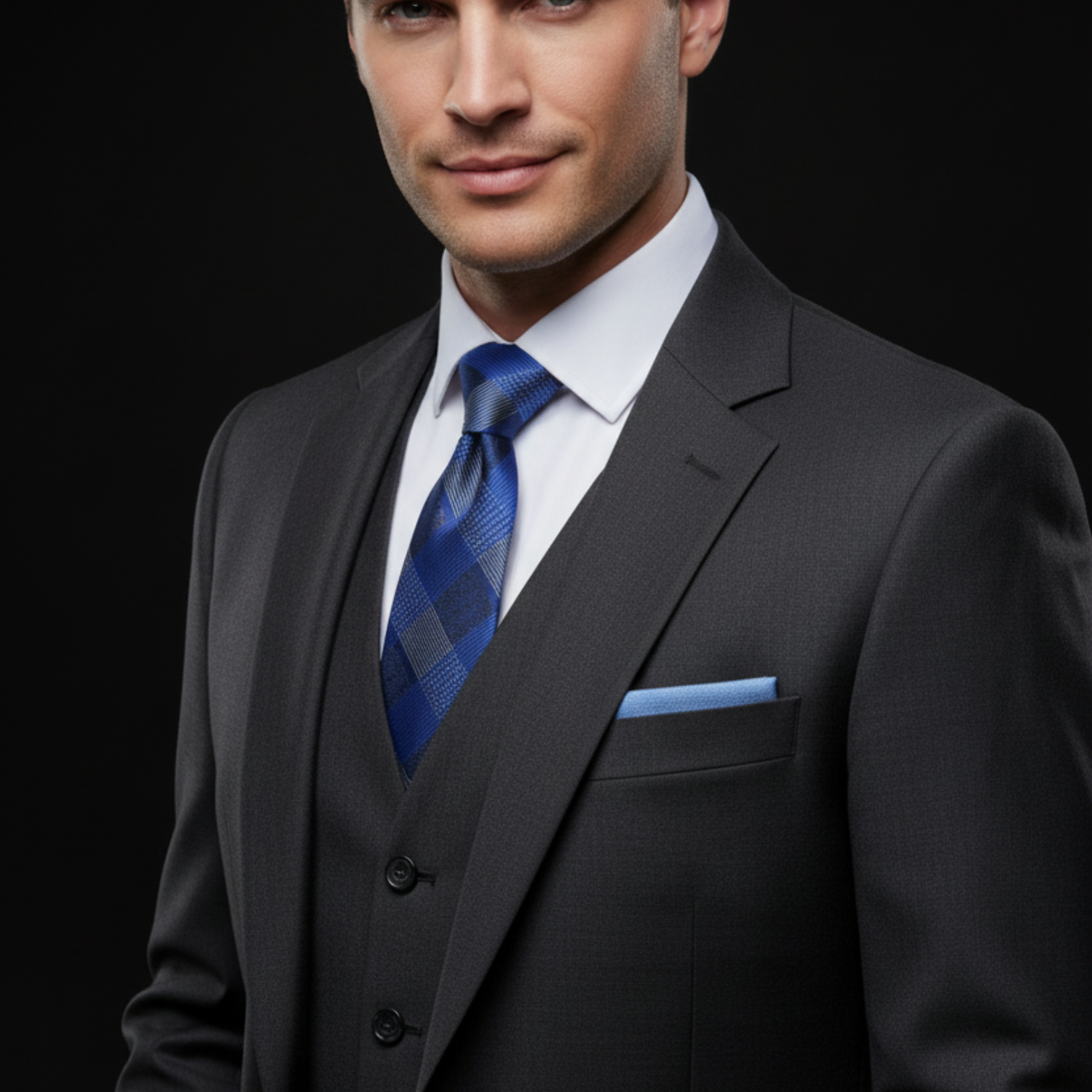 Man wearing a dark gray suit with a blue tie against a black background