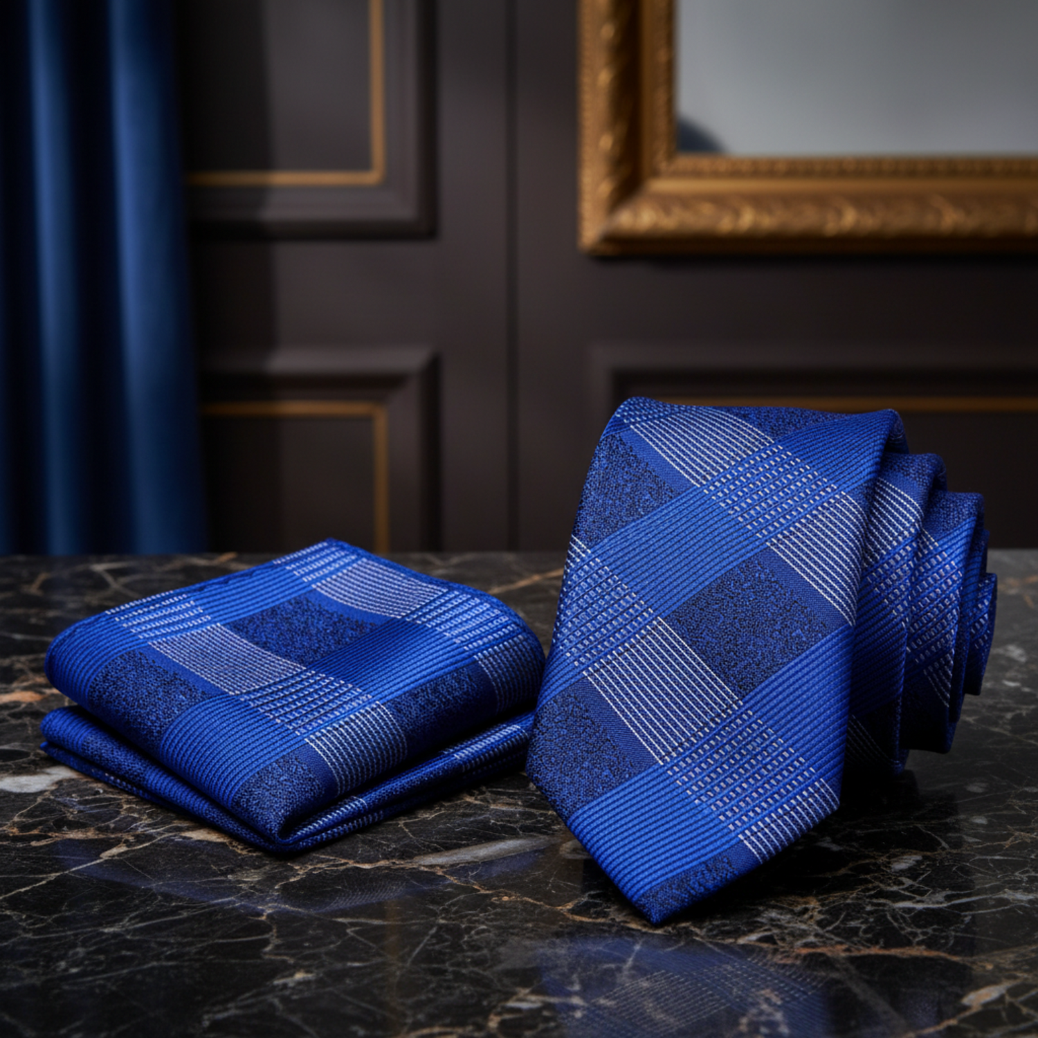 Blue plaid tie and pocket square 