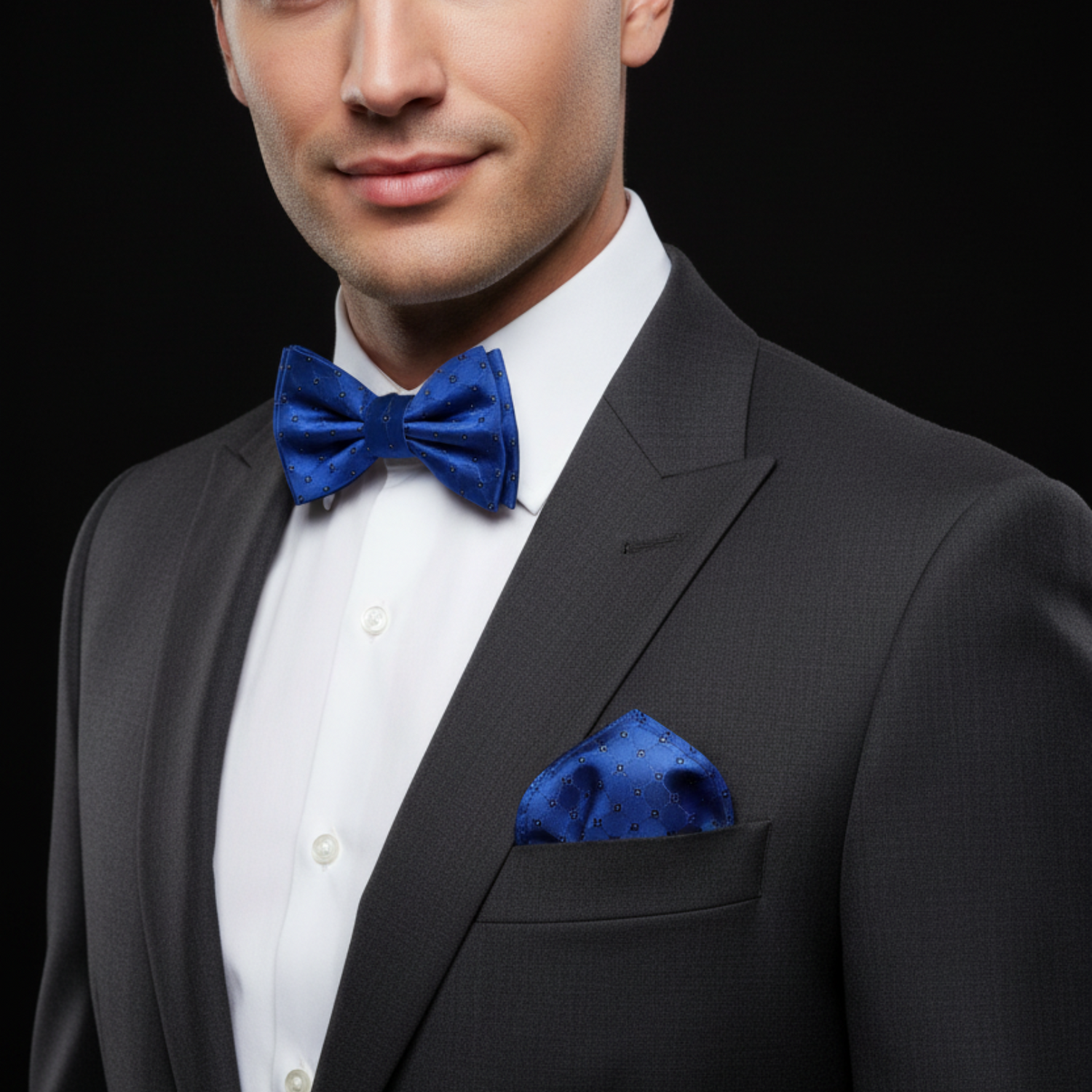 Blue Geometric Bow Tie and Square on Man