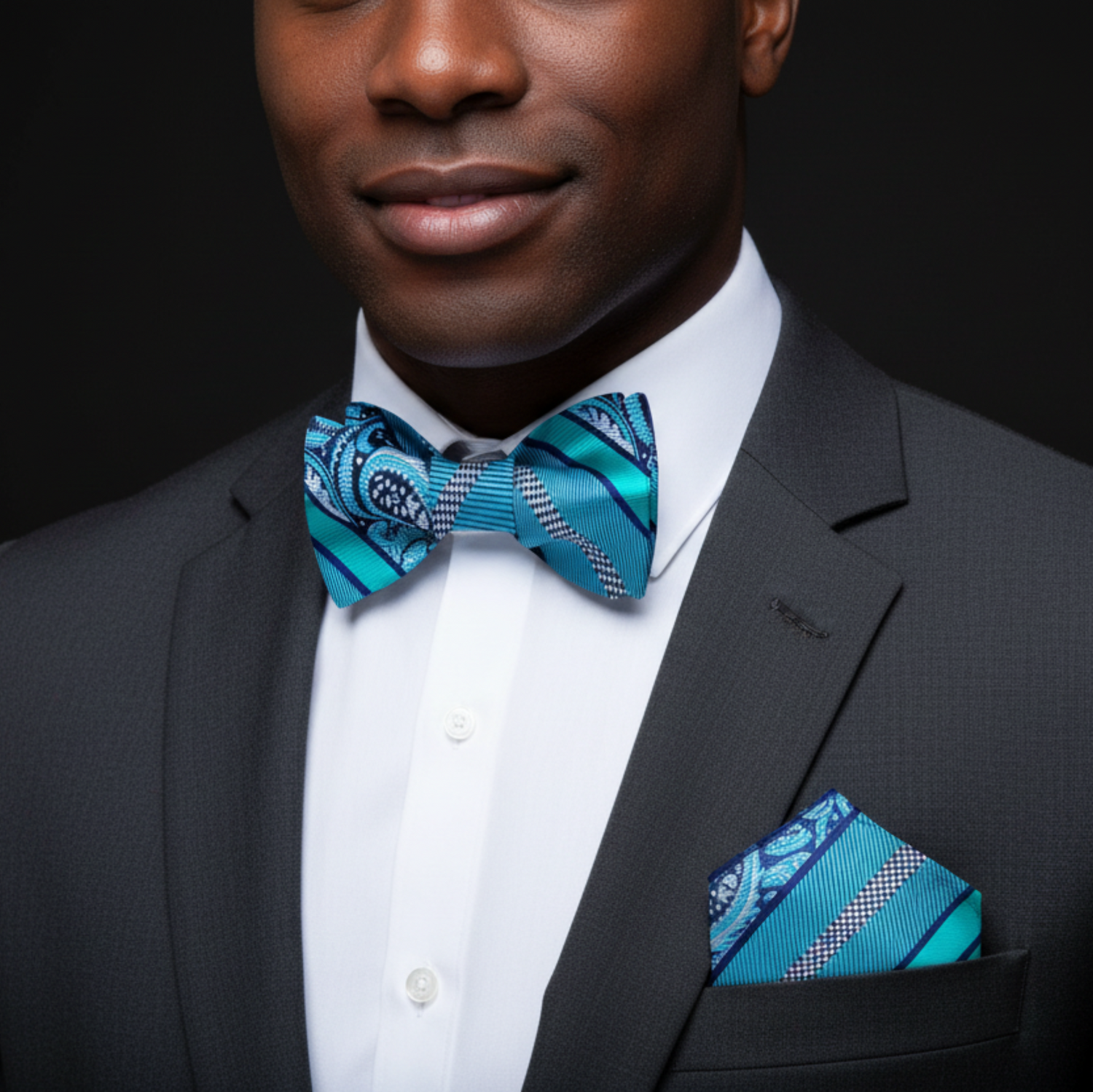 Blue Paisley Bow Tie and Square On Man