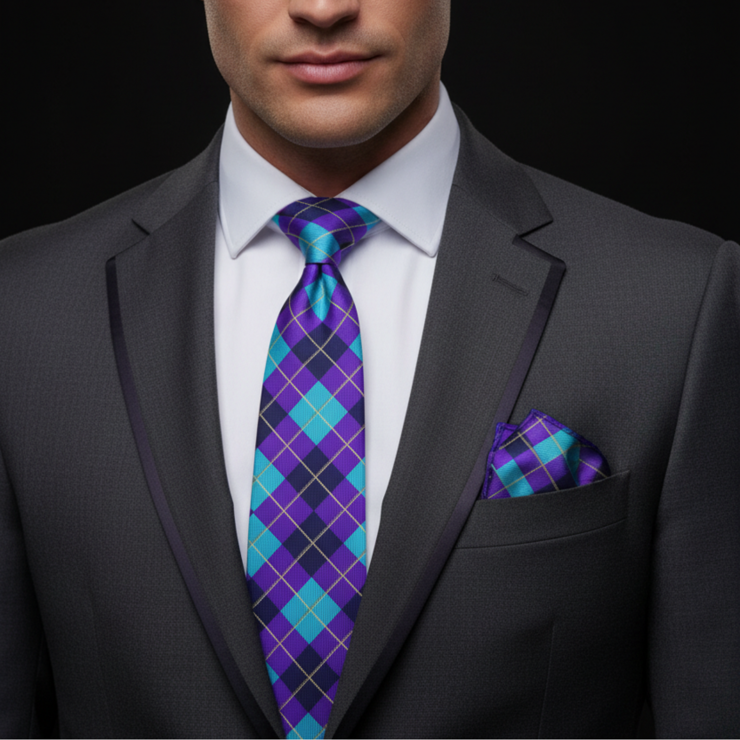 A man wearing a dark gray suit jacket, white dress shirt, and a purple and blue argyle patterned tie with a matching pocket square.