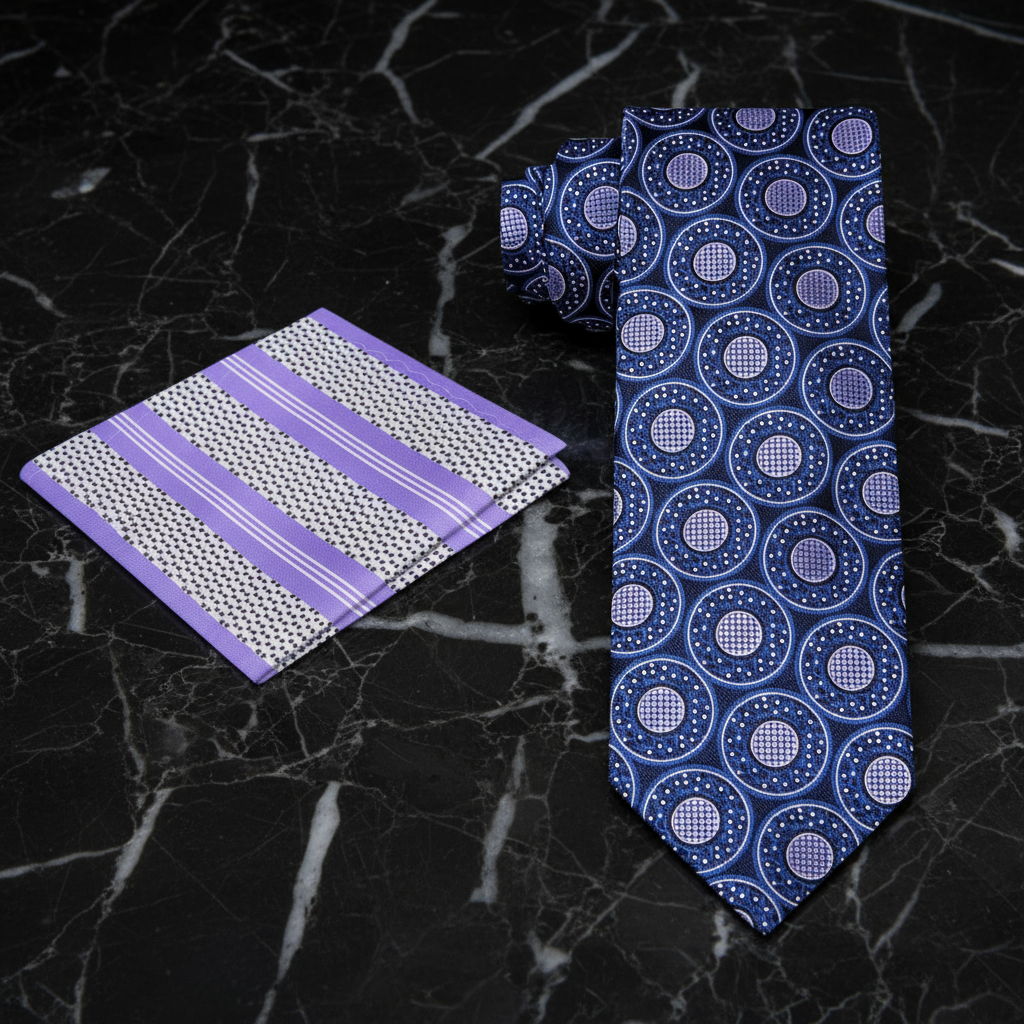 Alt View A Dark Blue, Purple Abstract Circular Pattern Necktie, Accenting Stripe Pocket Square