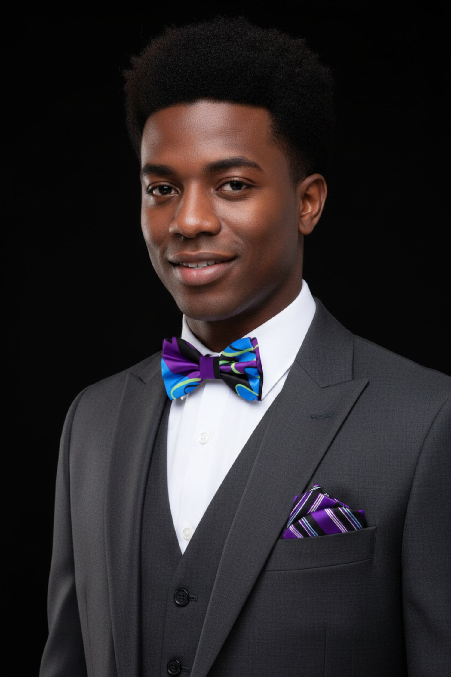 A man wearing a dark gray three-piece suit, white dress shirt, a vibrant blue and purple patterned bow tie, and a matching pocket square against a solid black background.