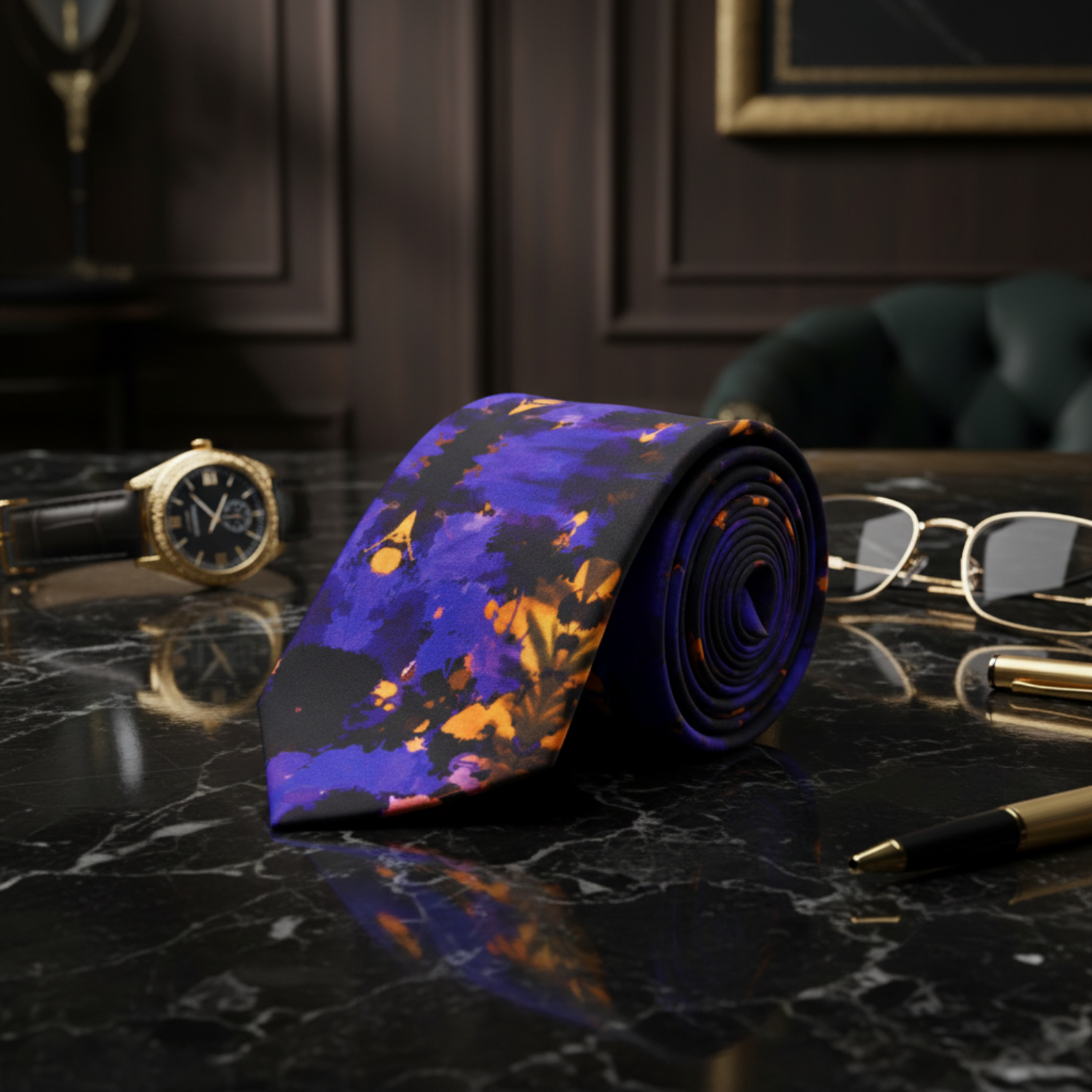Black, Purple-Blue, Orange Abstract Ink Blot Necktie  