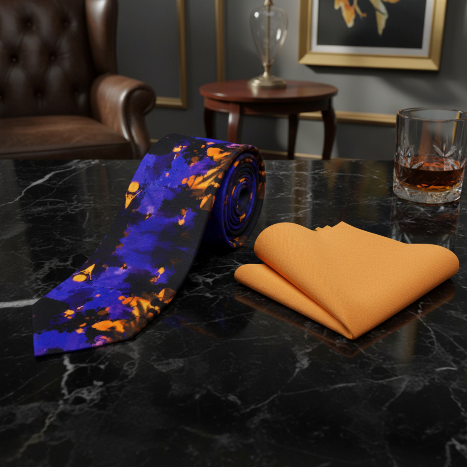 Alt View: Black, Purple-Blue, Orange Abstract Ink Blot Necktie and Orange Square