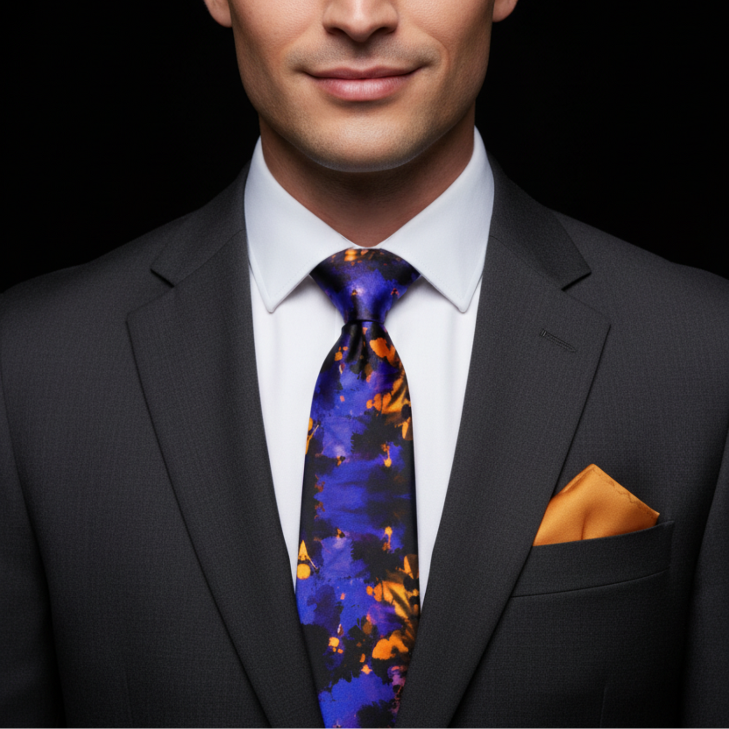 Man wearing a dark suit with a colorful tie and orange pocket square on a black background