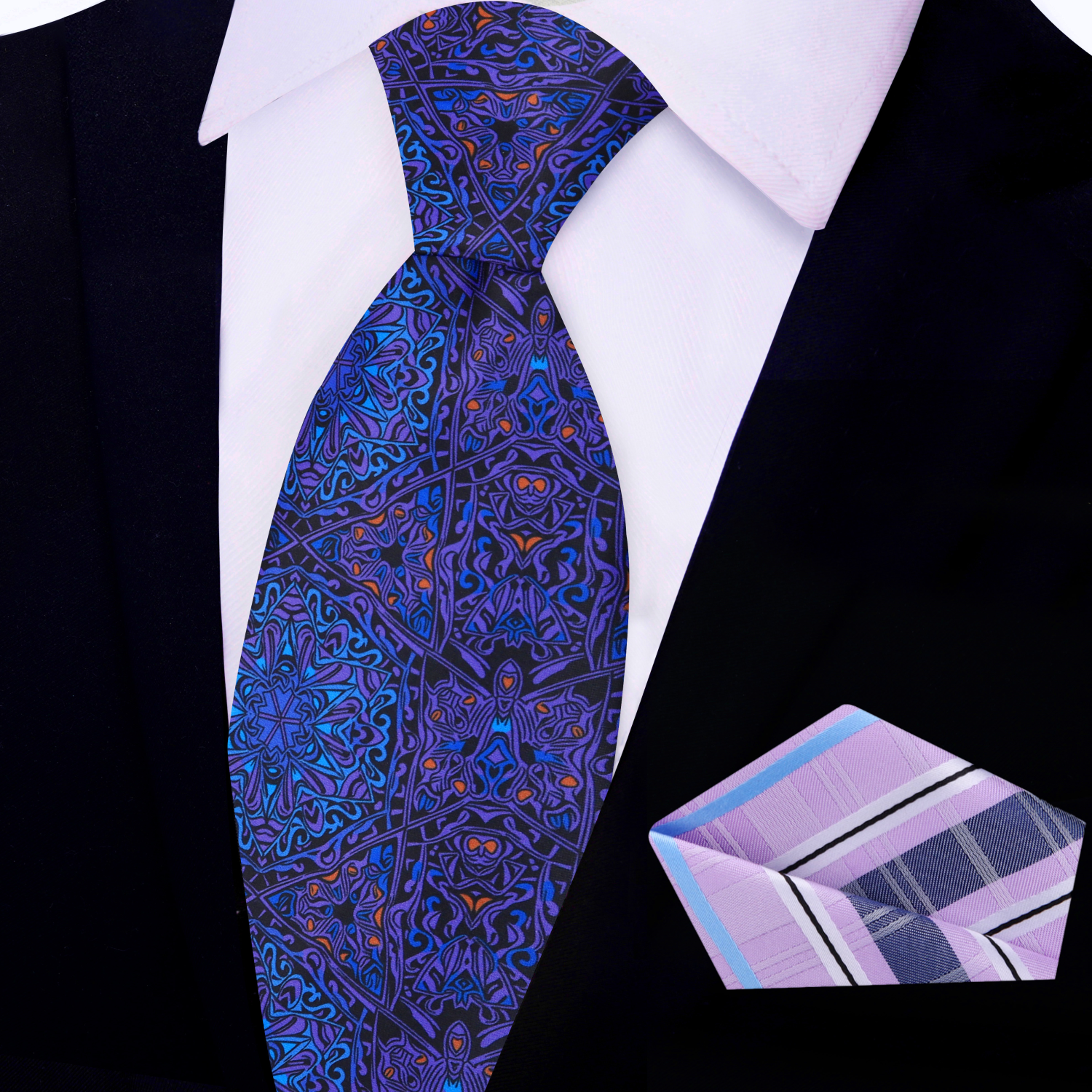 View 2 Purple, Blue Abstract Necktie and Purple Plaid Square