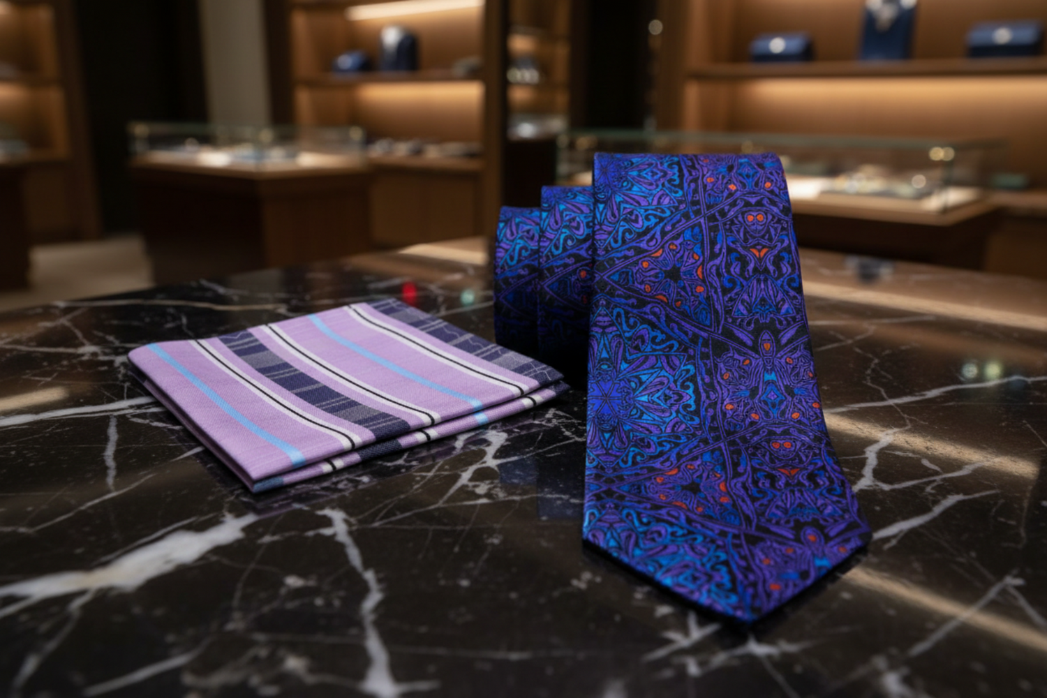 Alt Purple, Blue Abstract Necktie and Purple Plaid Square
