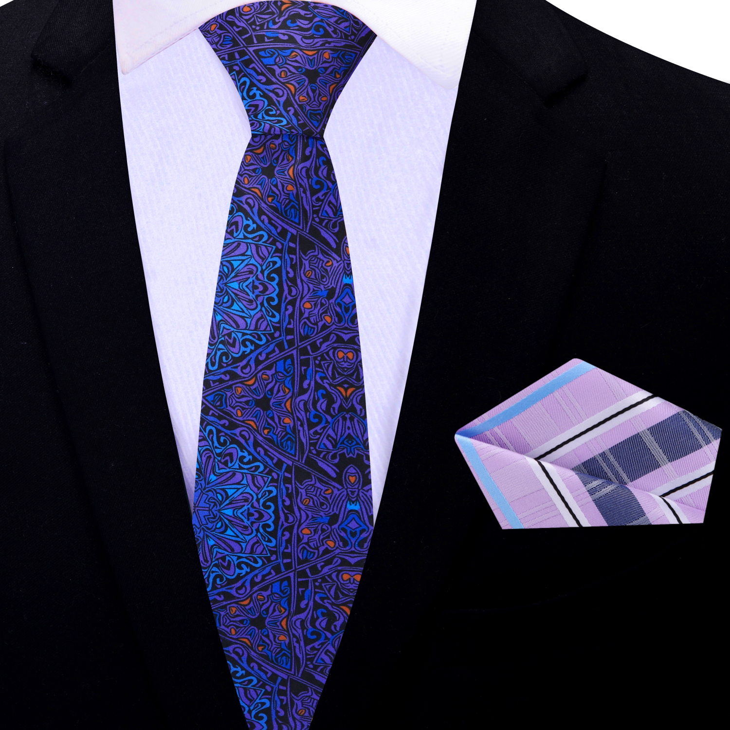 Thin Purple, Blue Abstract Necktie and Purple Plaid Square