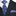 Black suit with a blue and purple patterned tie and pocket square.