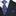 Navy suit with a blue and purple patterned tie and pocket square.