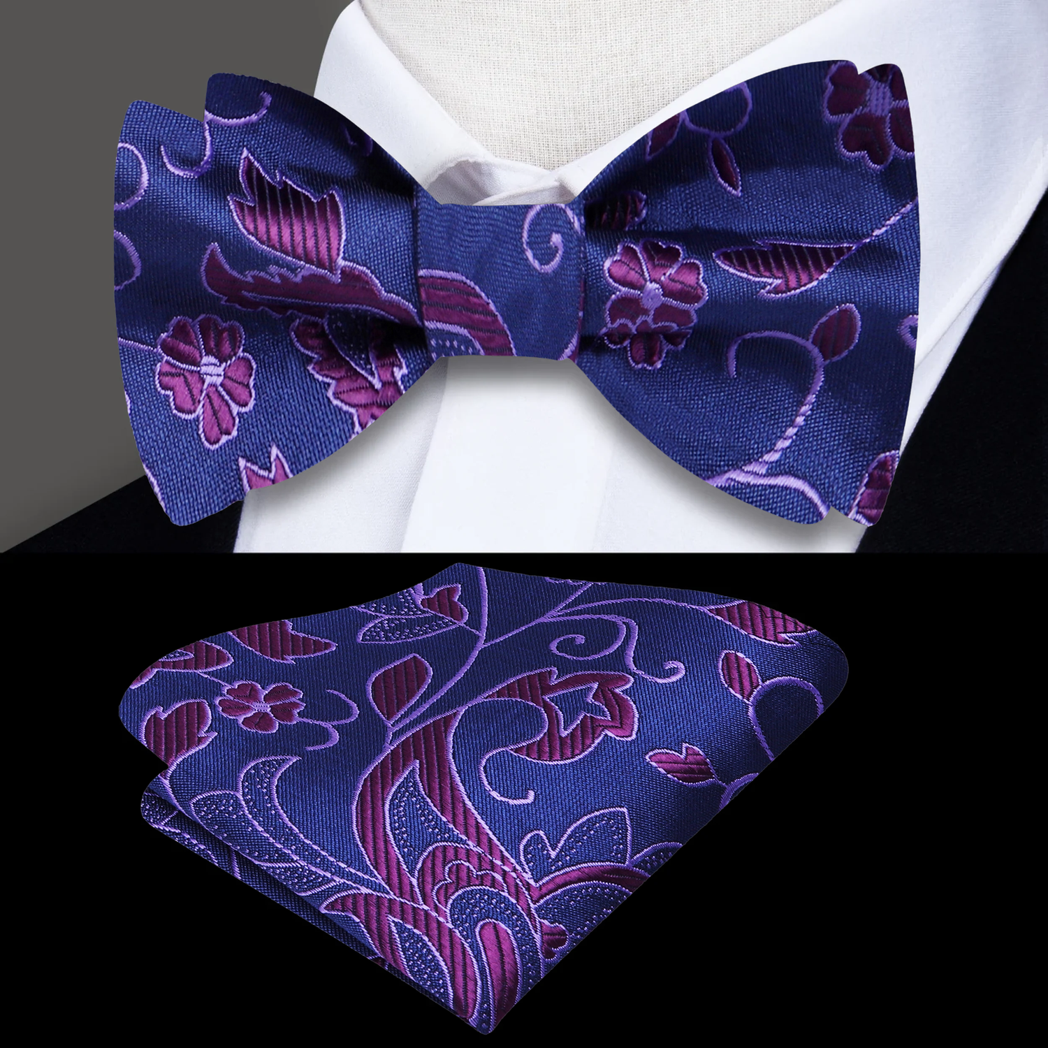 A Purple, Blue Floral Pattern Self Tie Bow Tie, Matching Pocket Square