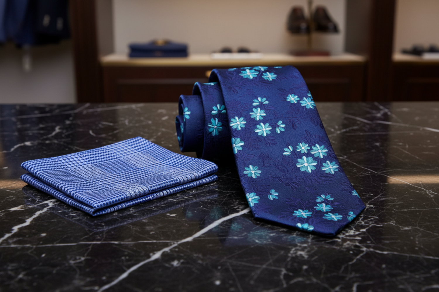 Alt View: Deep Blue, Light Blue and Purple Vines and Flowers Tie and Accenting Pocket Square