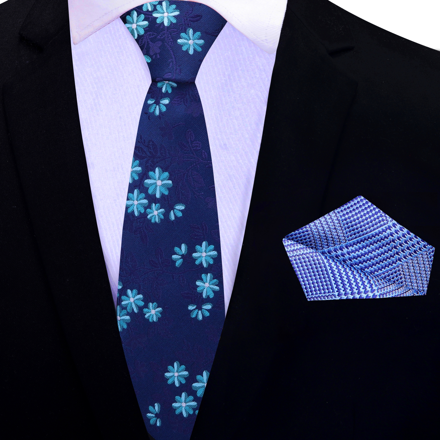 Thin Deep Blue, Light Blue and Purple Vines and Flowers Tie and Accenting Pocket Square